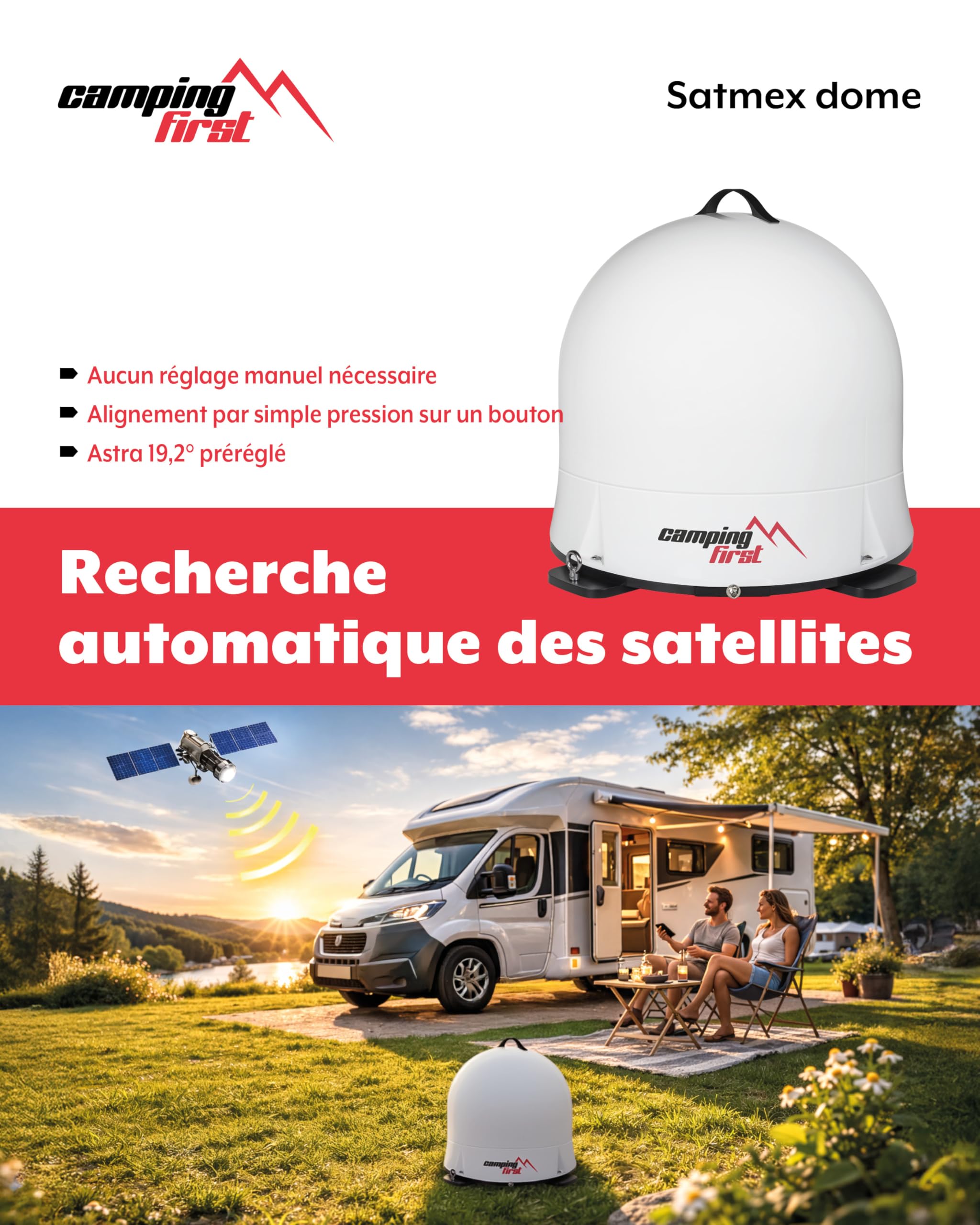Satmex Dome – Antenne Satellite Mobile Automatique – Blanc | Alignement automatique sur Astra 19,2°E, dôme robuste, sans alimentation externe nécessaire