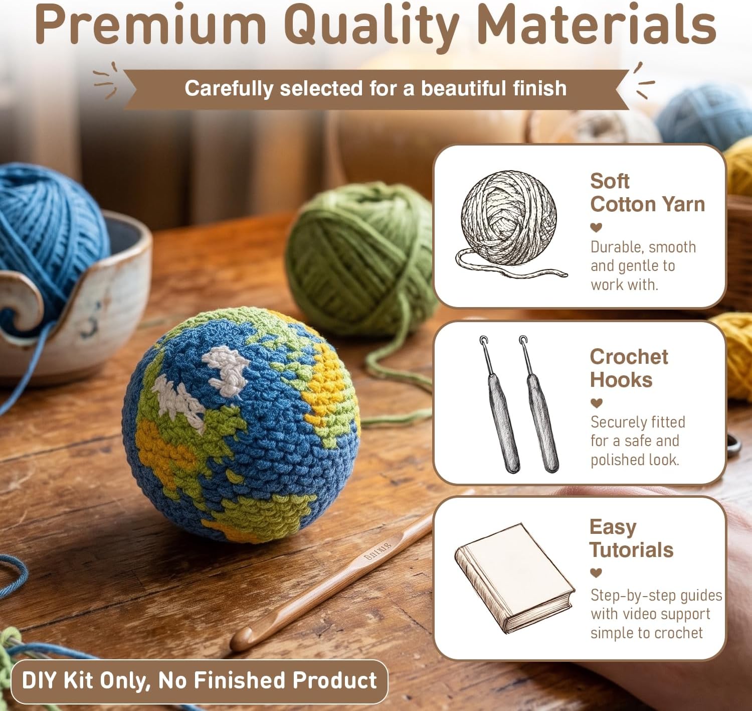DIY Crochet Earth Globe Kit for Beginners – Handmade Amigurumi Planet Ball Craft Set with Yarn, Fiberfill, Keychain Strap & Instructions – Easy Beginner Crochet Decor and Pendant Gift for Adults