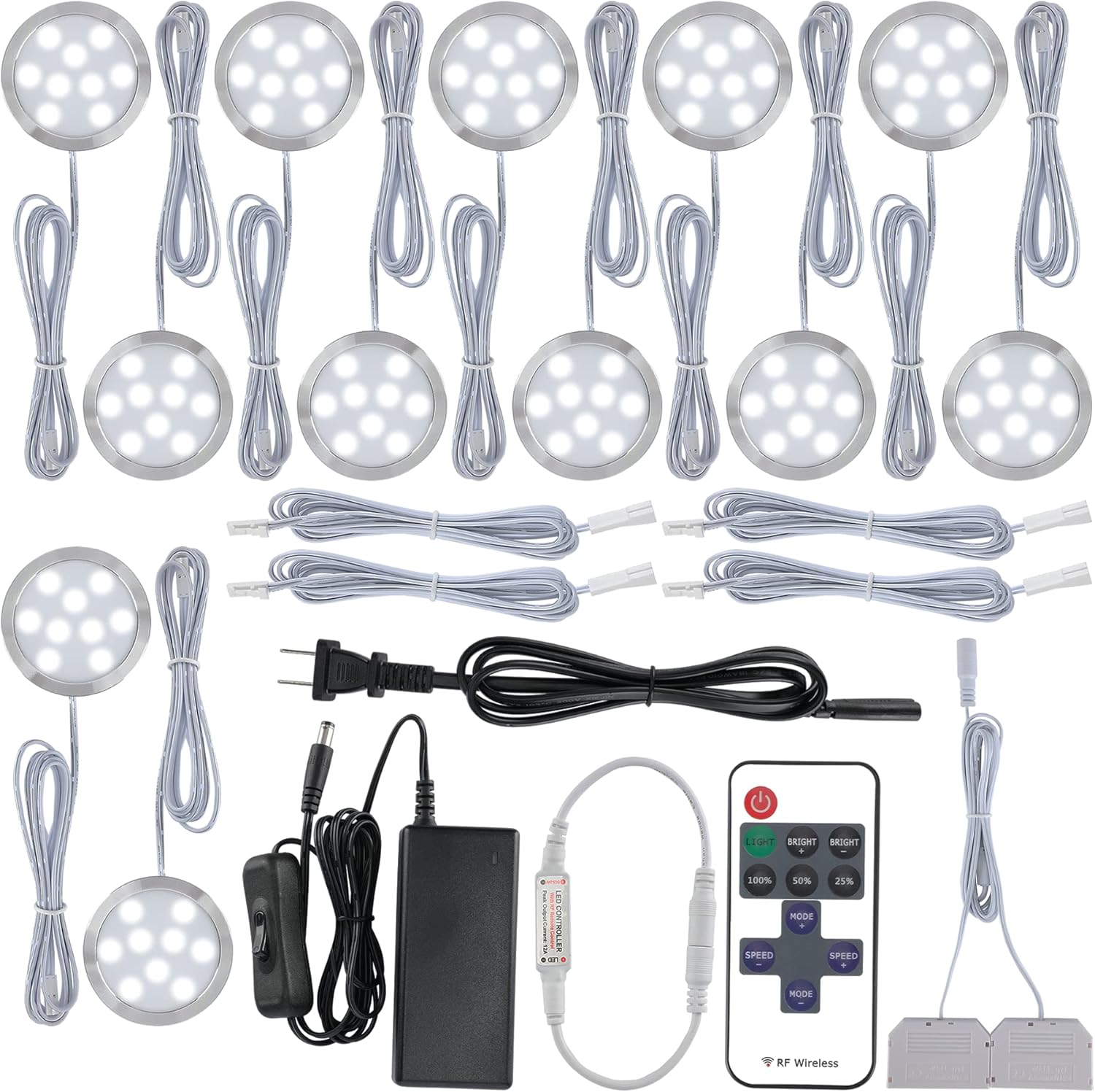 Display Cases Light Fixtures, Small Round Under Cabinet LED Puck Lighting, 120 Volt Hard Wiring & Wall Plug-in, Remote Dimmable, 12 Ways Octopus Parallel Wiring, 12 Lights Cool White