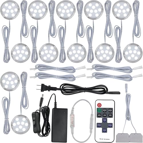 Vitrinas luminarias, pequeña iluminación LED redonda debajo del gabinete, cableado duro de 120 voltios y enchufe de pared, regulable remoto,