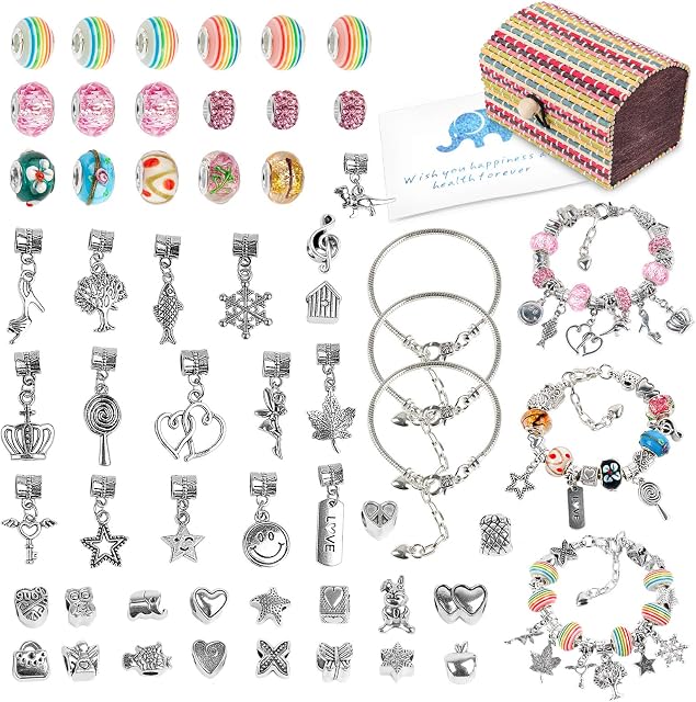 Mocoosy Jewellery Making Kit for Girls, Bracelet Making Kits for Girls, DIY Arts and Crafts for Kids Set with Charms Colorful Beads Silver Plated Chains for Jewellery Making, Gifts for Girls Age 5-12