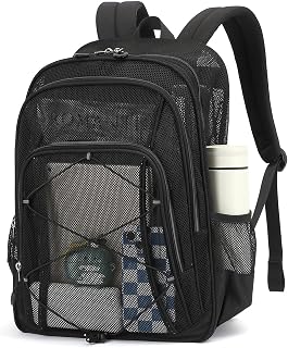 Mesh Backpack, Heavy Duty Mesh Bookbag for Girls Boys Kids, See Through Clear Backpacks, Net Backpack Transparent Breathable for School Beach Swim Travel Outdoor, Black
