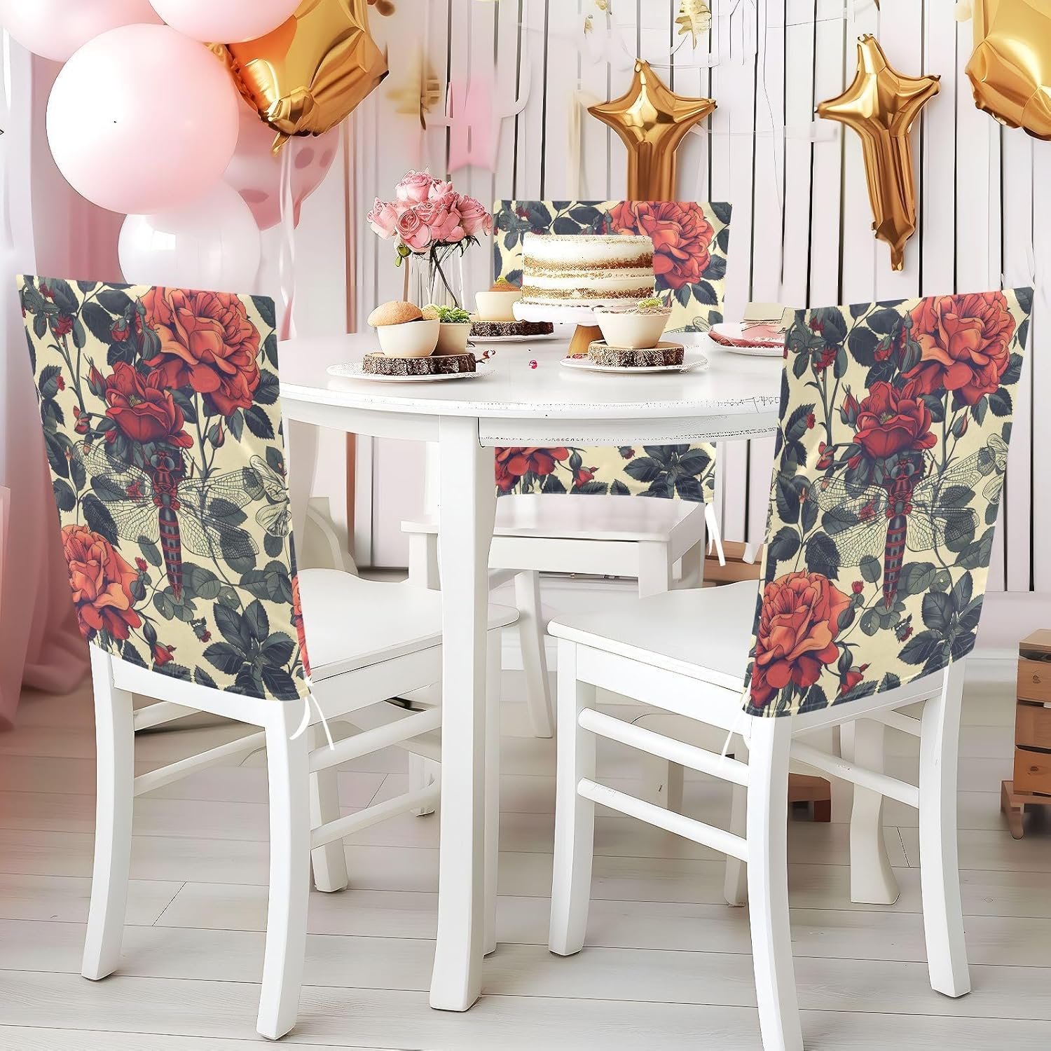 ALAZA Roses Flowers Dragonfly Chair Back Cover Set of 6, Washable Reusable Removable Chair Slipcovers Decorative Chair Cover for Home Kitchen Wedding Party