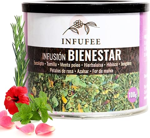 Infusión Bienestar Sin Teína 100g - Eucalipto, Tomillo, Menta Poleo, Hierbaluisa, Hibisco y Jengibre - Alivio de Congestión y Tos - Digestiva, Relajante y Antiinflamatoria