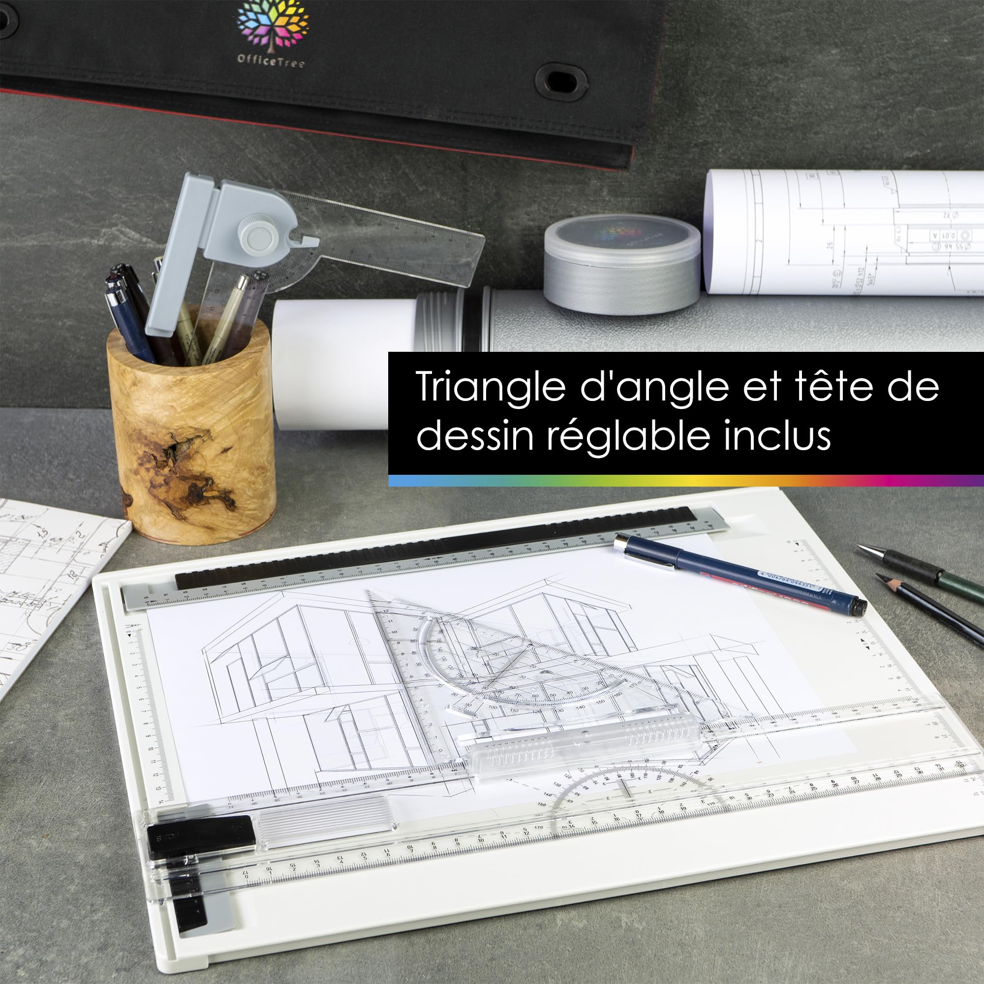 OfficeTree Planche à Dessin A4 29,5 x 37,5 cm - Planche a Dessin - Inclus A4 Bloc de Papier, Housse de Transport et Nombreux Regle Dessin Technique - Drawing Board - Table a Dessin