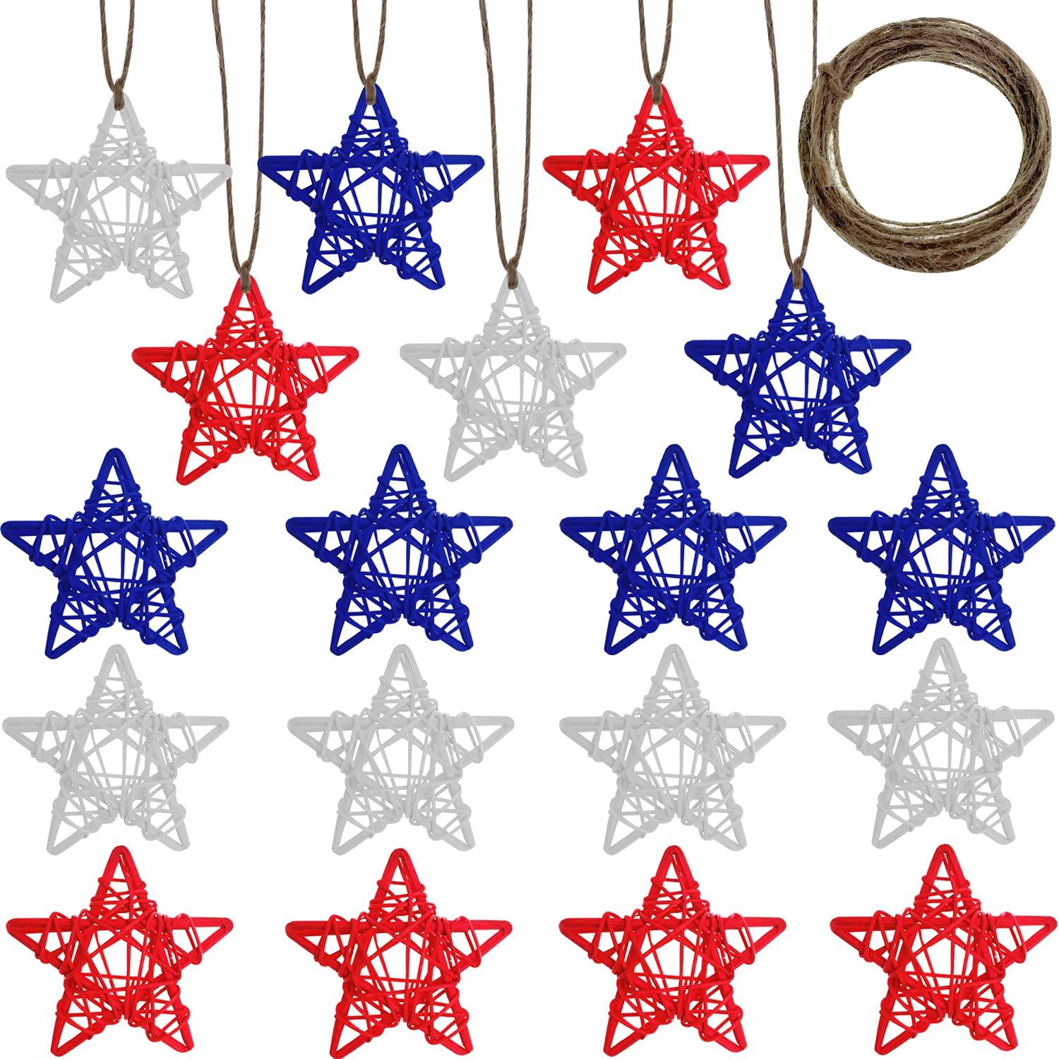 Llxieym 18 Pieces 4th of July Star Rattan Balls Decoration Red Blue White Patriotic Wicker Balls for Independence Day Home Decoration with Jute Twine (18, 2.76 inch)