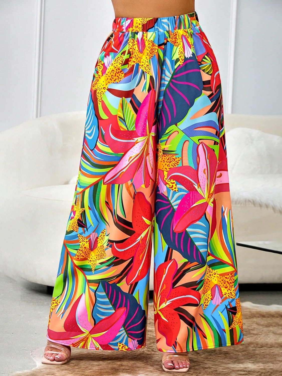 Floerns Women's Tropical Print High Elastic Waist Wide Leg Beach Palazzo Pants - Image 3
