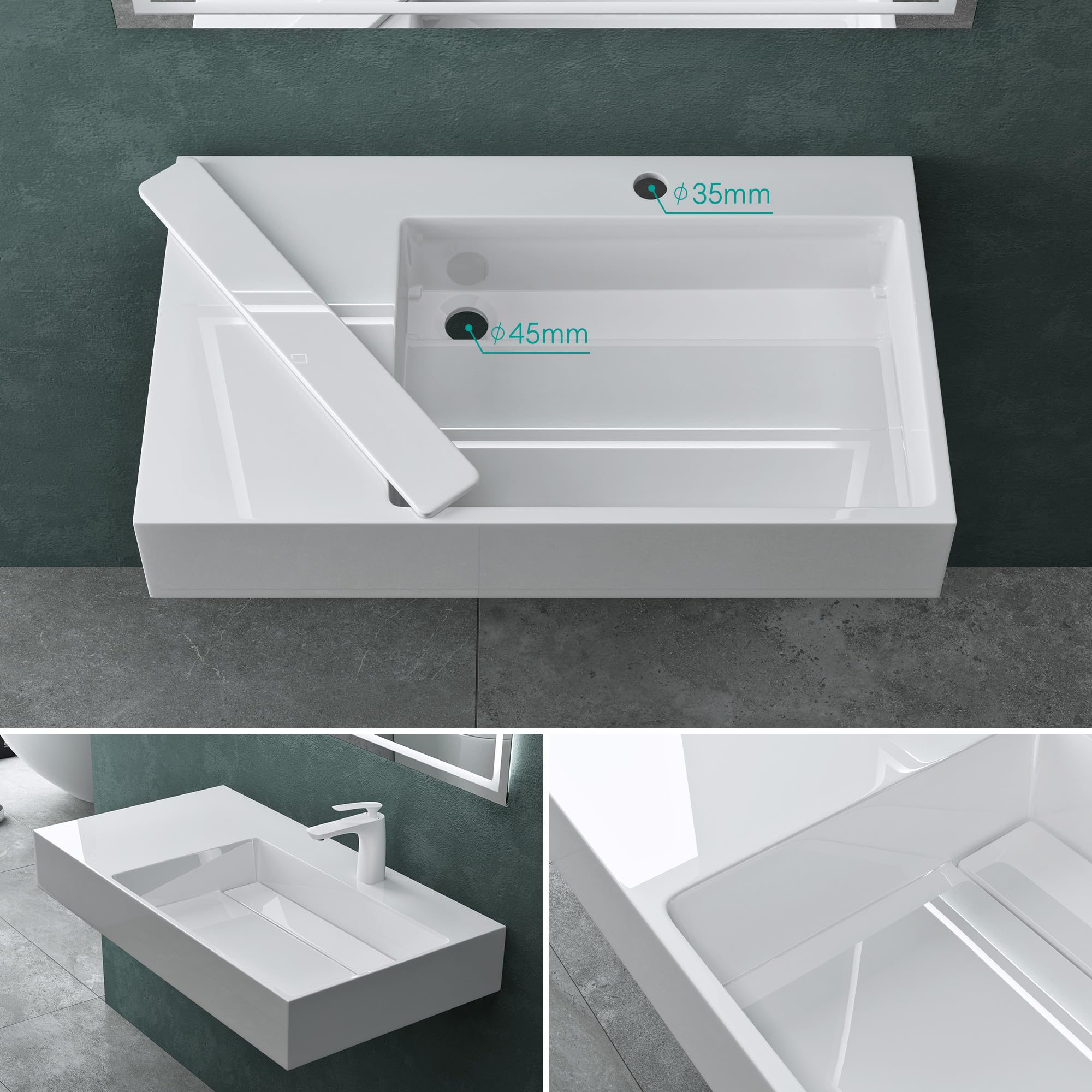 Mai & Mai Lavabo sobre Encimera Lavabo Derecho Suspendido Baño | Rectangular | Blanco Brillante | Mármol Fundido | 75x43x14cm | 1 Orificio para Grifo sin Rebosadero | Colossum12