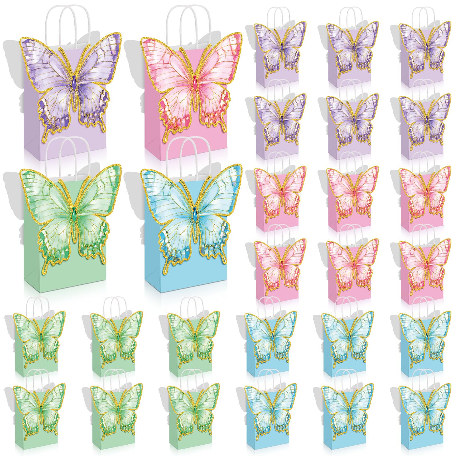 Booson 24 PCS Butterfly Paper Party Bags with Twisted Handles Blue Pink Purple Green Party Favor Bag with Adhesive Dots Paper Treat Candy Goodie Bags for Birthday Bridal Showers Decoration Supplies