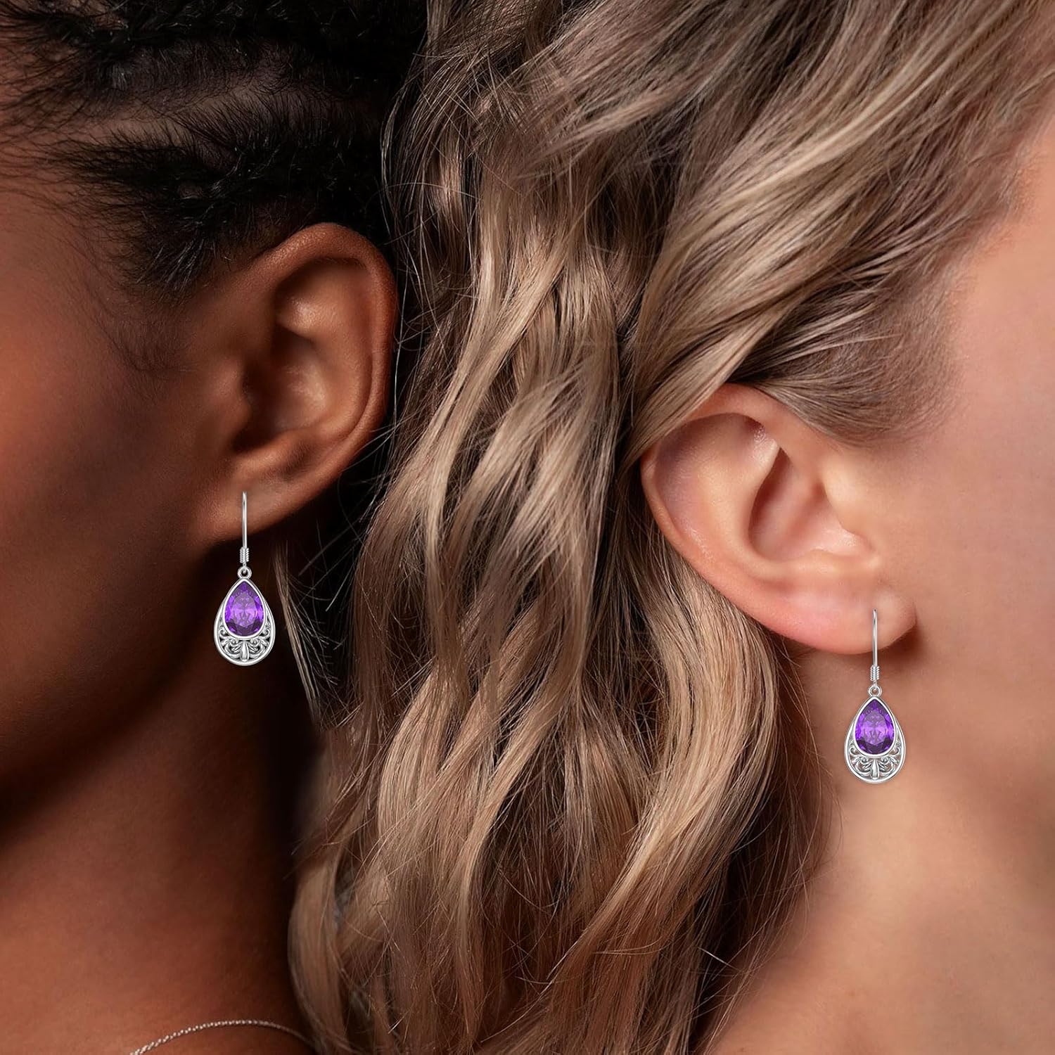 Natural Amethyst Dangle Drop Earring for Women 10 * 7mm Pear Shaped Amethyst Earring Vintage 925 Sterling Silver for Her Wife Mom - Image 2