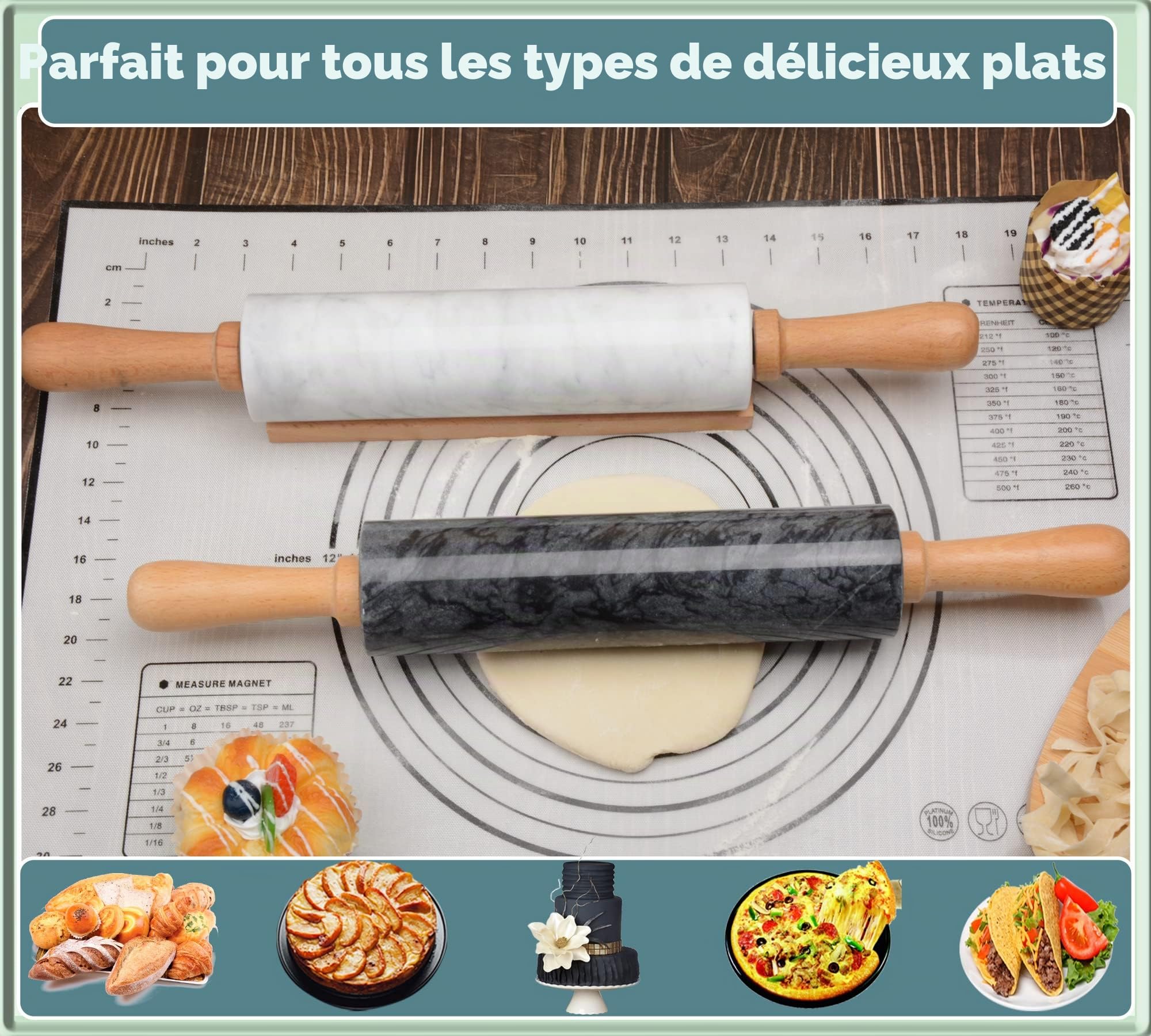 Rouleau à pâtisserie en marbre avec support en bois épais pour pâtisserie, 47 cm, rouleau poli de qualité supérieure pour pâte à pizza, fondant, pâte à tarte, surface antiadhésive, facile à nettoyer