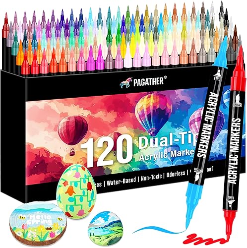Marcadores de pintura acrílica de 120 colores con 24 colores metálicos, punta doble con punta fina y punta de pincel, para piedra, madera, 120