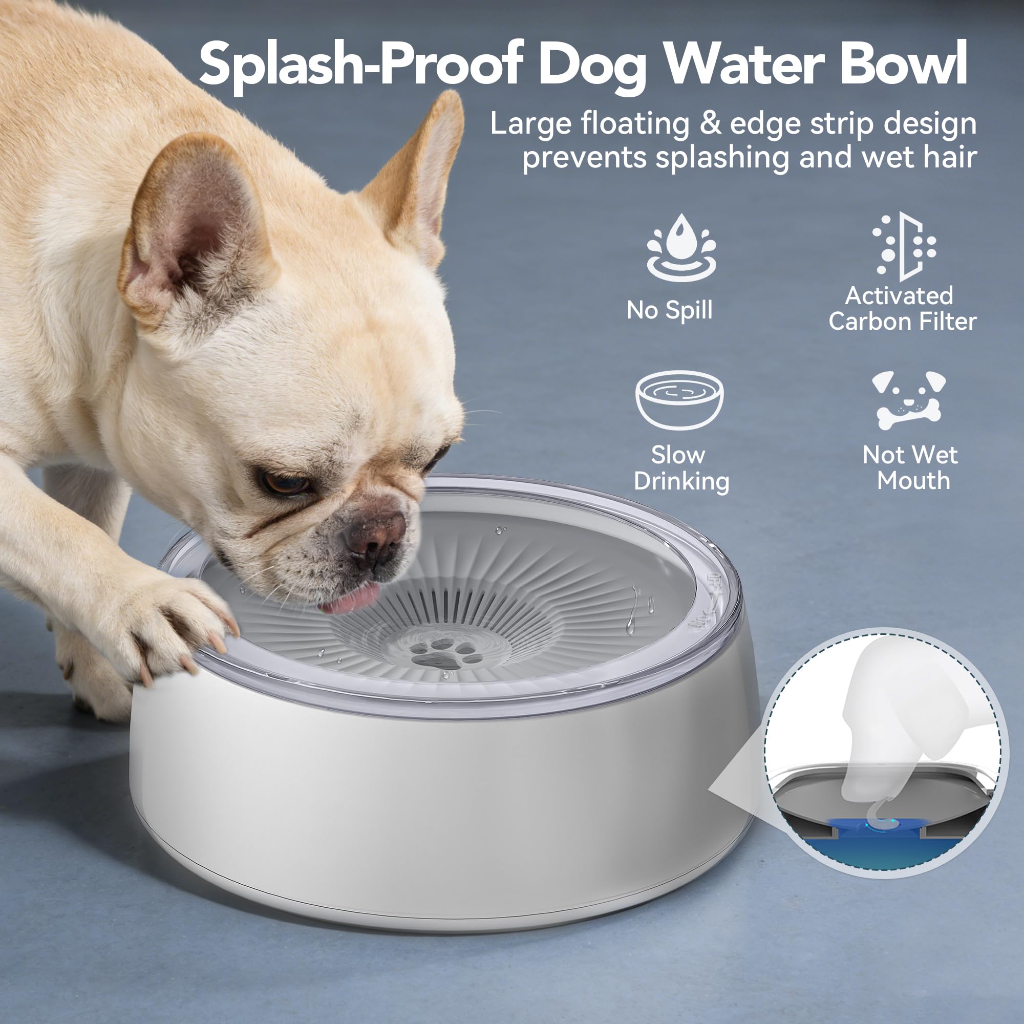 Newget Wassernapf für Hunde, 3 l, kein Verschütten, langsames Trinken, mit Filter und langsamer Futtermatte, spritzwassergeschützt, Reise-Wassernapf für Hunde, Katzen, Auto und Zuhause, Grau