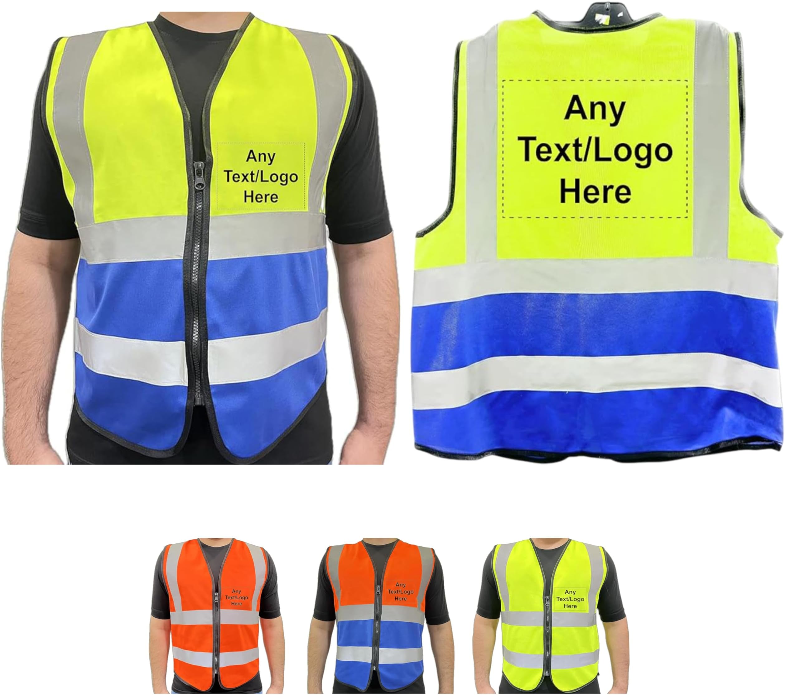 PB TECH Personalised Printed High Visibility Hi Vis Zipper Front Vest Customised Hi Viz Safety Waistcoat, Emergency Jacket with Neon Reflective Strips.