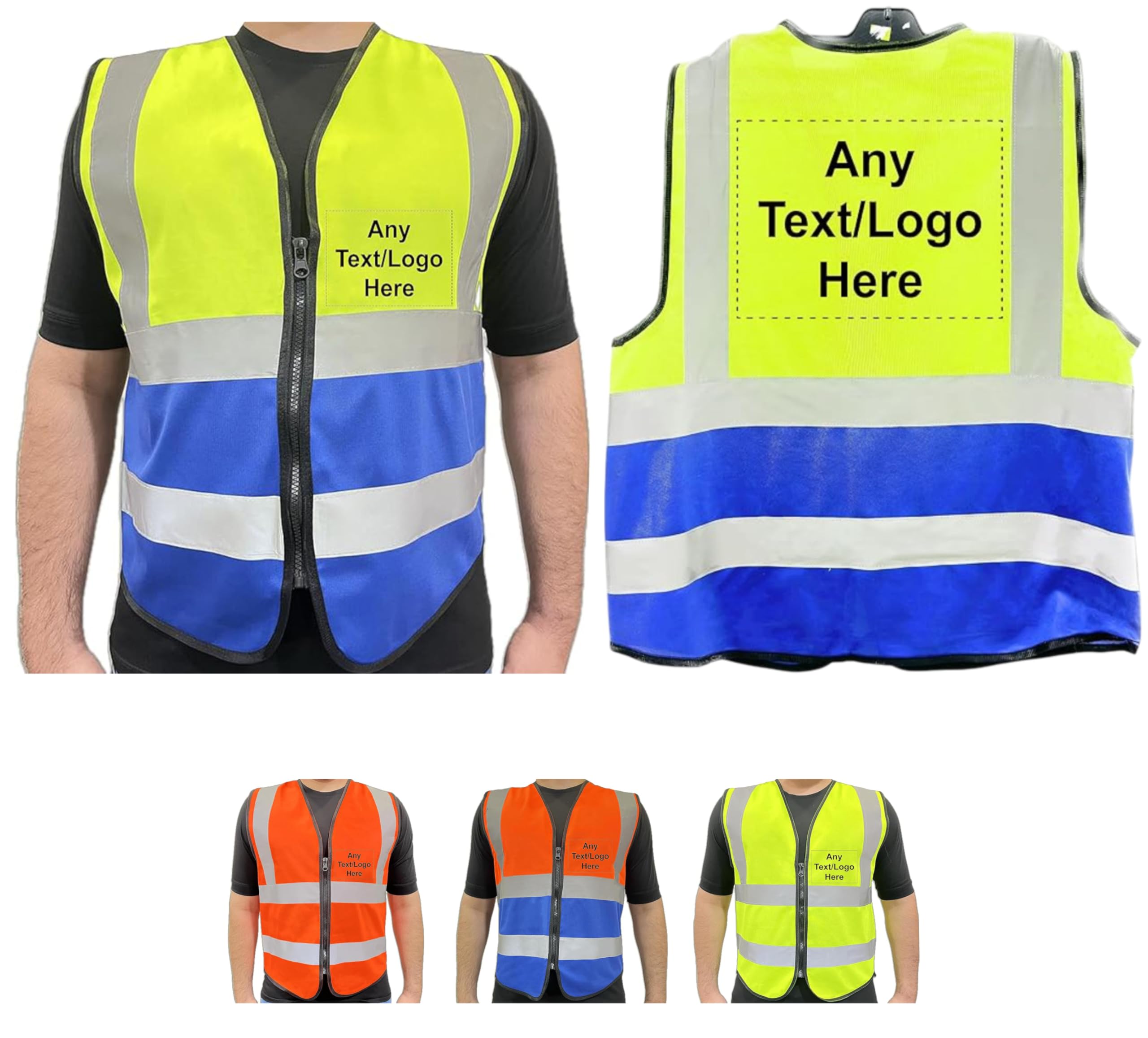 PB TECH Personalised Printed High Visibility Hi Vis Zipper Front Vest Customised Hi Viz Safety Waistcoat, Emergency Jacket with Neon Reflective Strips. (3XL, Yellow & Navy)