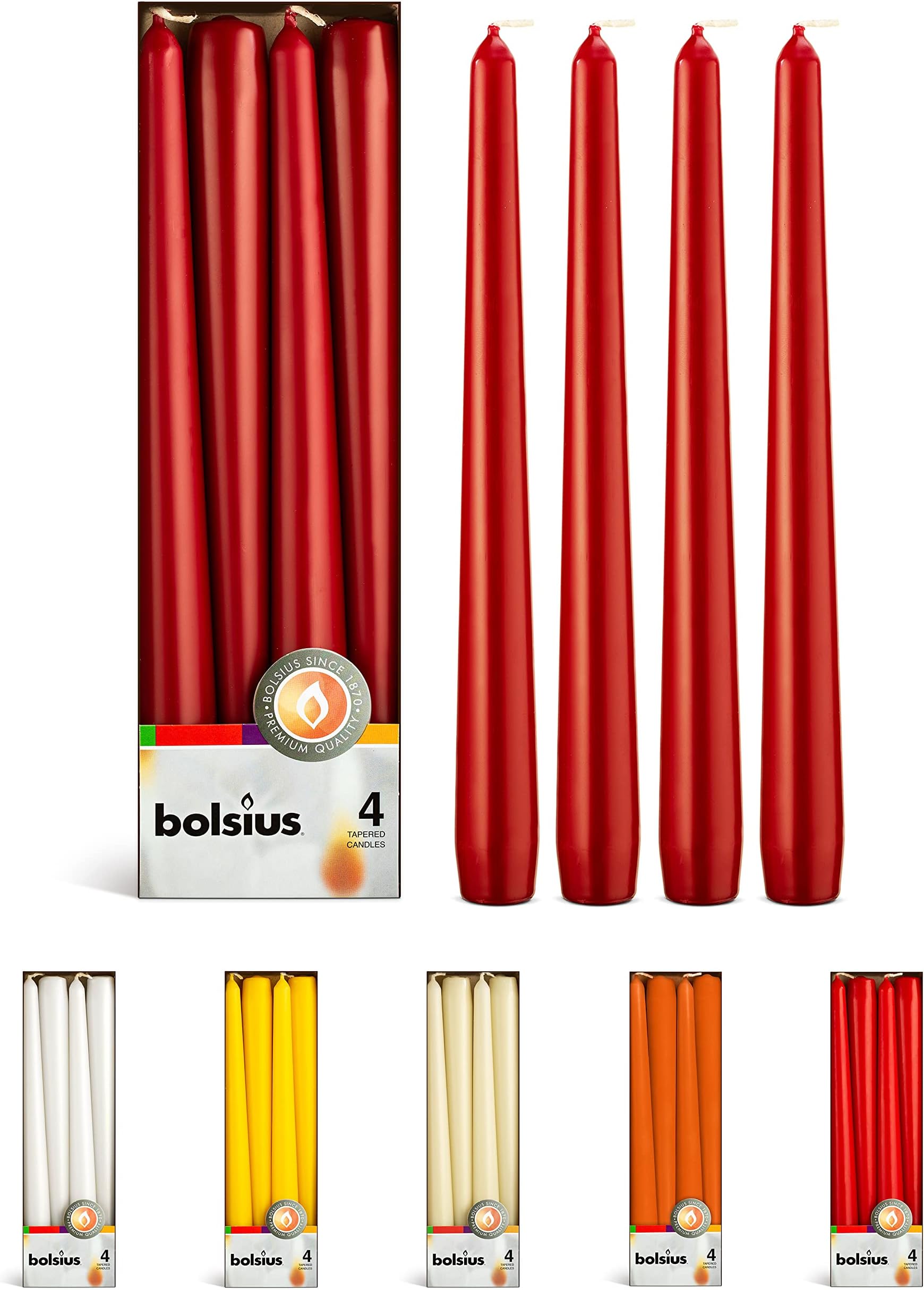 BOLSIUS Dark Red Taper Candles - 4 Pack Unscented 10 Inch Dinner Candle Set - 8 Hours Burn Time - Premium European Quality - Smokeless and Dripless Household Wedding, Spa, and Home Decor Candlesticks