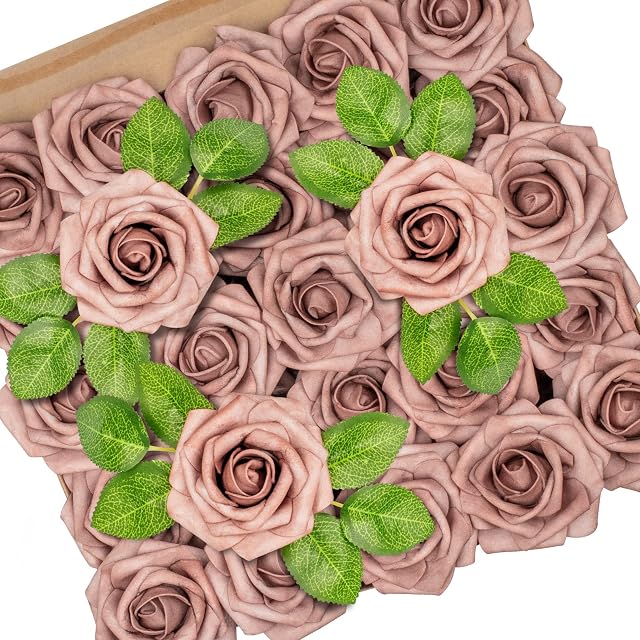 Mocoosy 50Pcs Roses Artificial Flowers, Dusty Pink Roses Foam Fake Roses Bulk with Stem DIY Craft Flowers for Wedding Bridal Bouquets Centerpieces Arrangement Valentines Mother's Day Party Home Decor