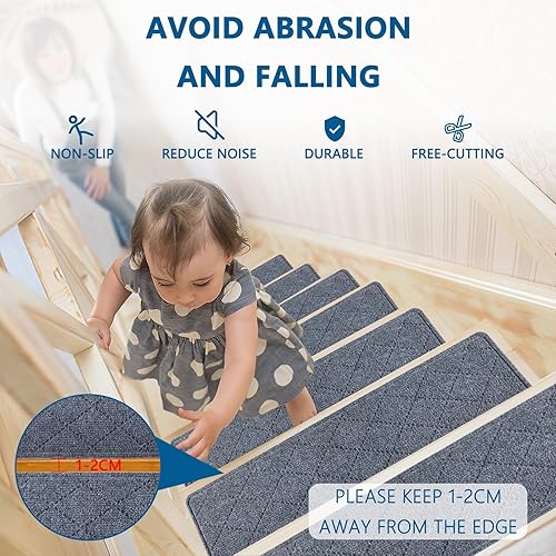 Miniatura 5 de Peldaños de escalera para escalones de madera interior, paquete de 15 unidades de 8 x 30 pulgadas, alfombra antideslizante con adhesivo reutilizable