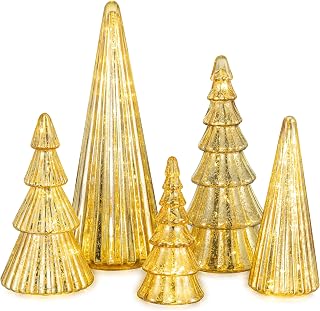 Glasseam Gold Christmas Centerpieces for Table: 5 Pcs Mercury Glass Christmas Tree with Lights Tabletop Xmas Trees with Timer for Decorations Indoor Ornaments Fireplace Living Room Decor