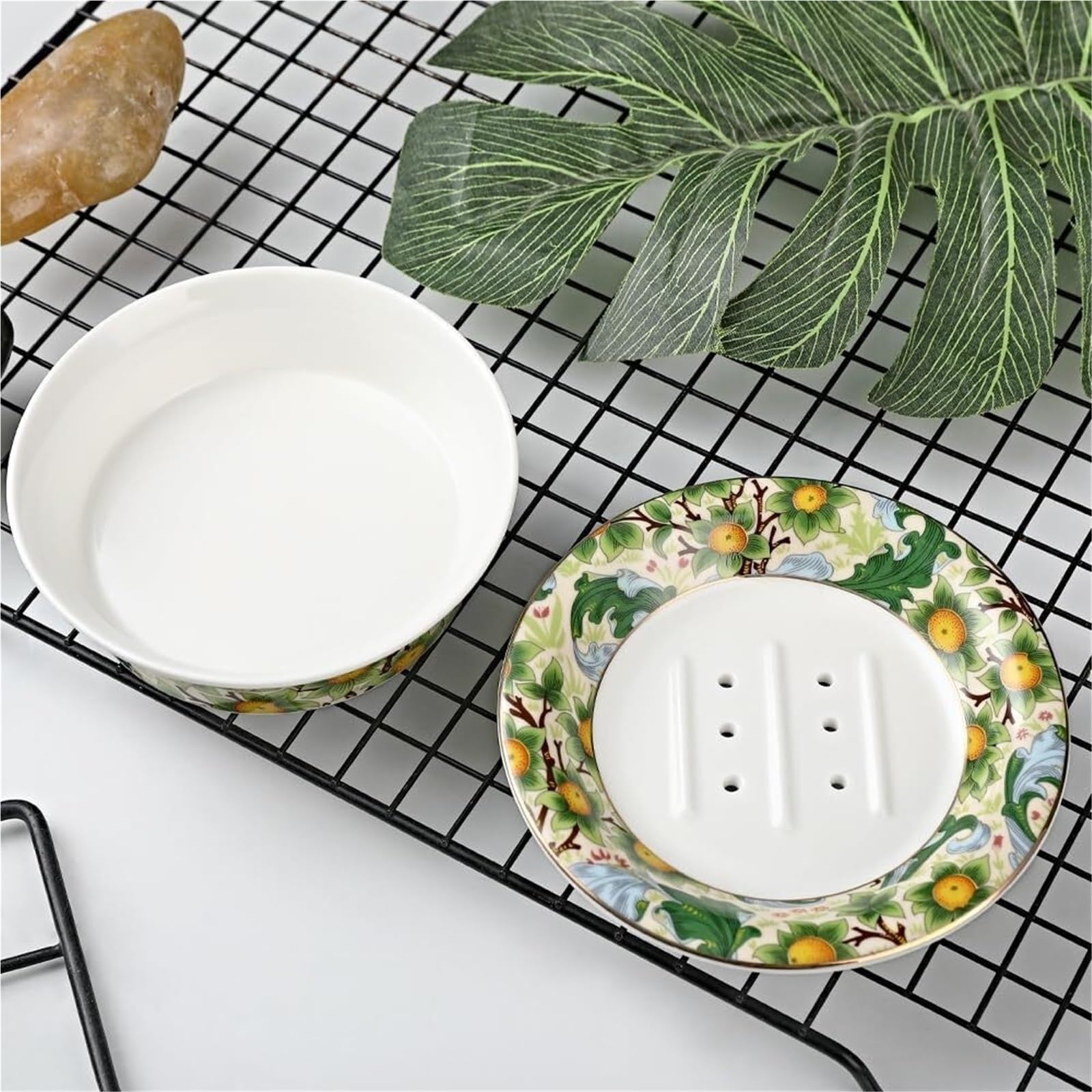 Portasapone con drenaggio Vassoio rotondo a doppio strato con portasapone autodrenante decorativo floreale per lavabo del bagno(Style a)
