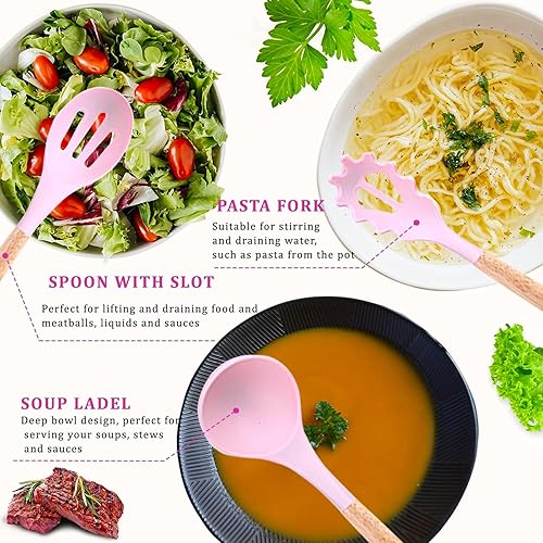 Miniatura 3 de Juego de utensilios de cocina, juego de 20 cuchillos de cocina de acero inoxidable, utensilios de cocina de silicona con asas de madera, accesorios