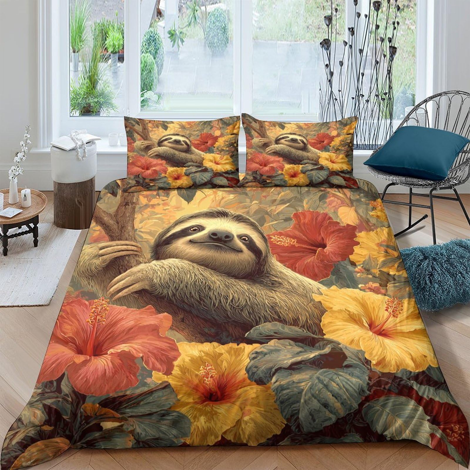 GPLZQXKJNH 3D Printed Sloth Jungle Duvet Cover Microfiber Soft Floral Quilt Cover Set with 2 Pillowcases for Bedroom Decor Single（135x200cm）