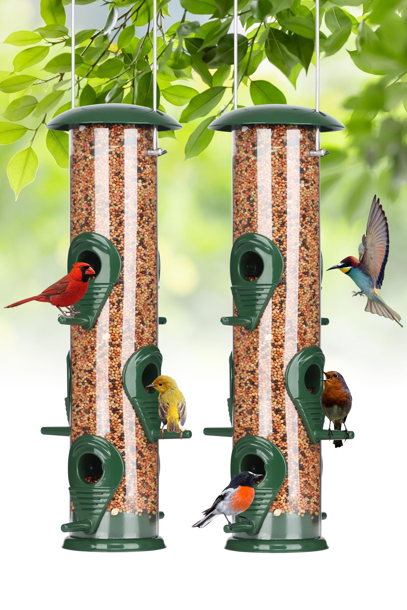 feed garden metal tube bird feeders for outdoors hanging, 2 pack 6-port squirrel proof bird feeders for outside, bird feeders with heavy duty metal lid, chew-proof, 13 inch green