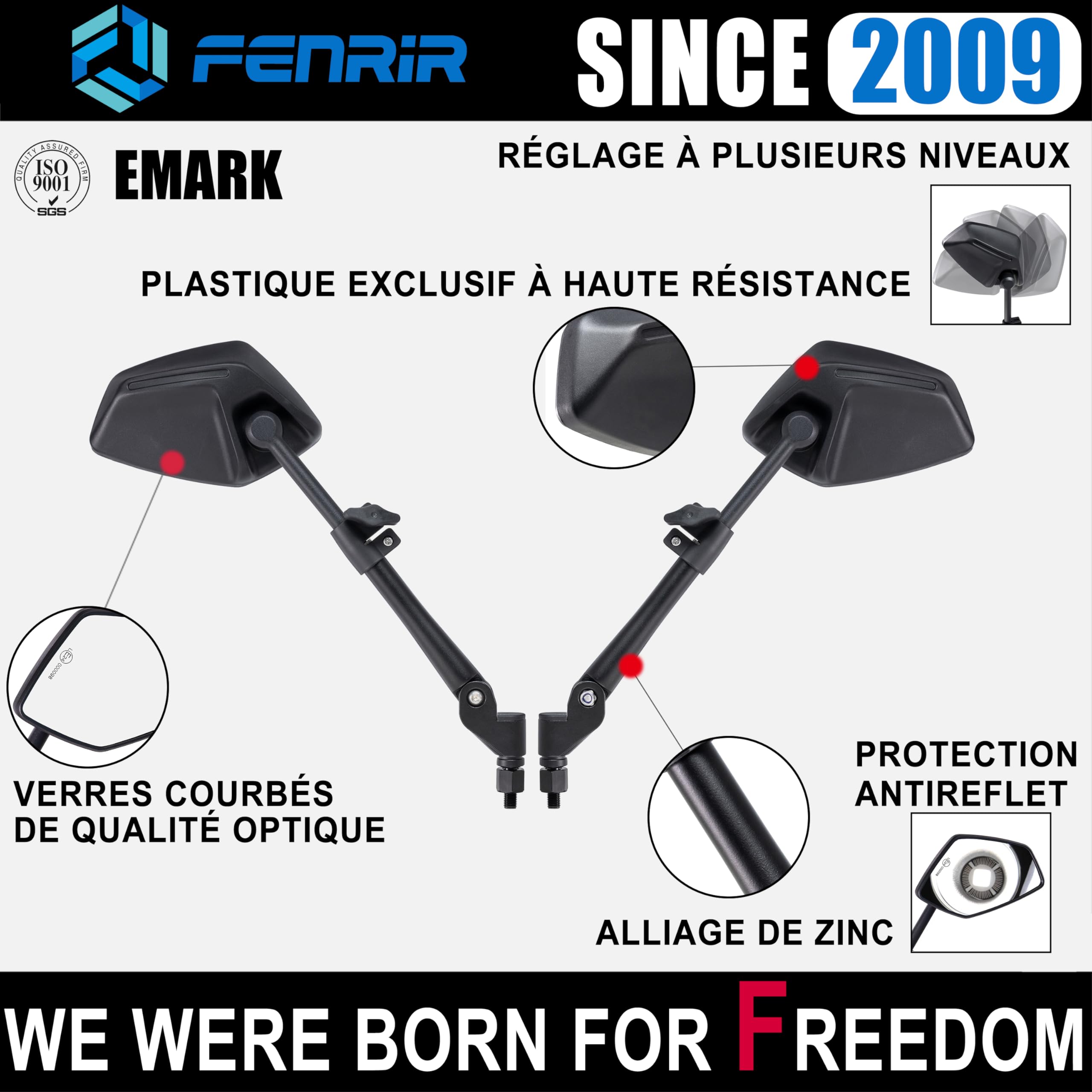 FENRIR Homologué Rétroviseur Moto Retroviseur Indestructibles Fonction Pliable Anti-éblouissement Lentilles Courbes Anti-vibration Ajustables Compatible avec Les Adventure Enduro Tourer (801-0118)