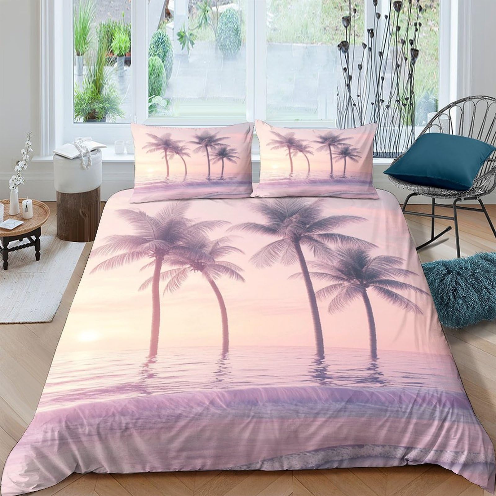 GPLZQXKJNH 3D Printed Sunset Palm Tree Duvet Cover Microfiber Soft Breathable Beach Landscape Bedding Set with 2 Pillowcases, Bedroom Decor Single（135x200cm）