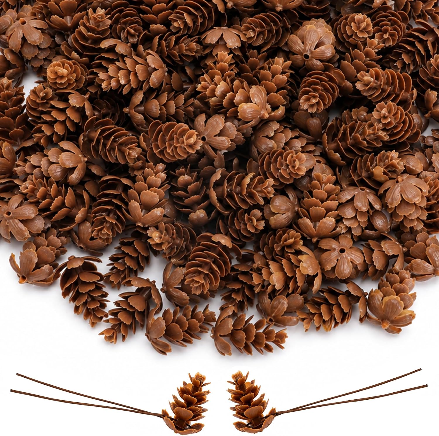 200Pcs Mini Pine Cone Kit with Brown Iron Wires, Small Pinecones Ornaments