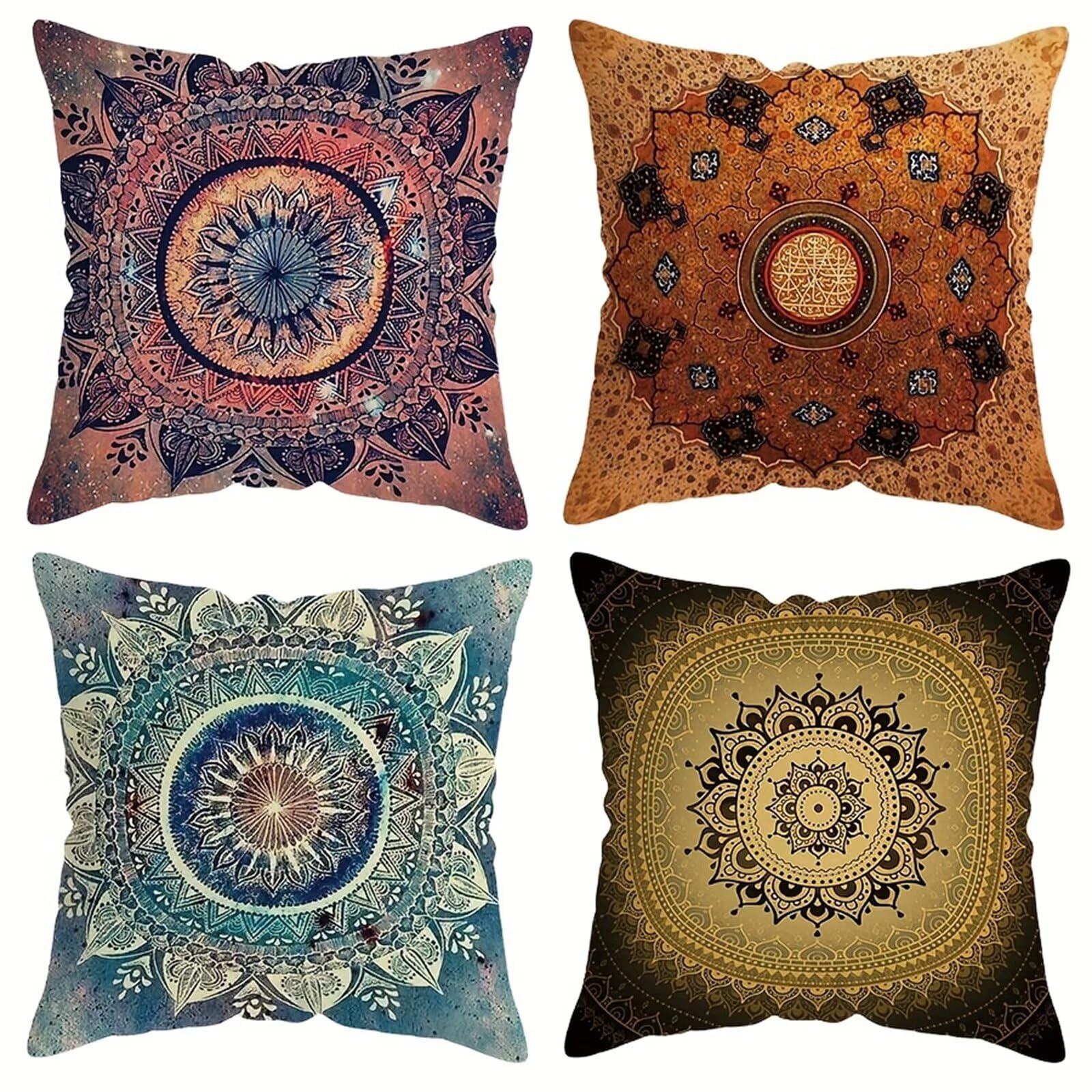 QiHon Cushion Covers 60x60 cm Set of 4 Green Pink Mandala Linen Square Pillow Cases 24x24 inch Modern Decorative Throw Pillow Covers for Sofa Couch Bedroom Home Office with Invisible Zipper