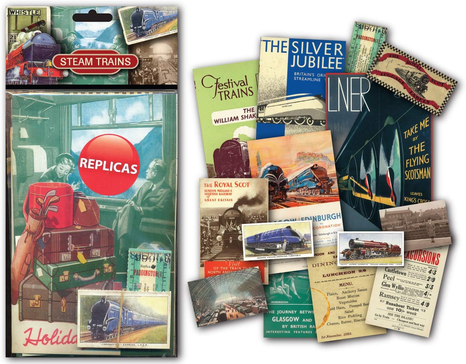 Steam Trains Memorabilia Gift Pack with over 20 pieces of Replica Artwork