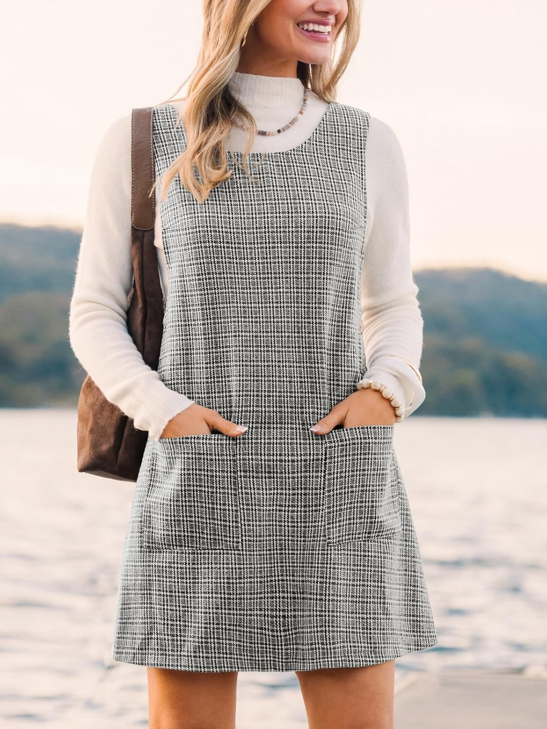 CUPSHE Women's Fall Dresses Houndstooth Pinafore Dress Side Buttons Crewneck Plaid Overall Mini Dress with Pockets - Image 3