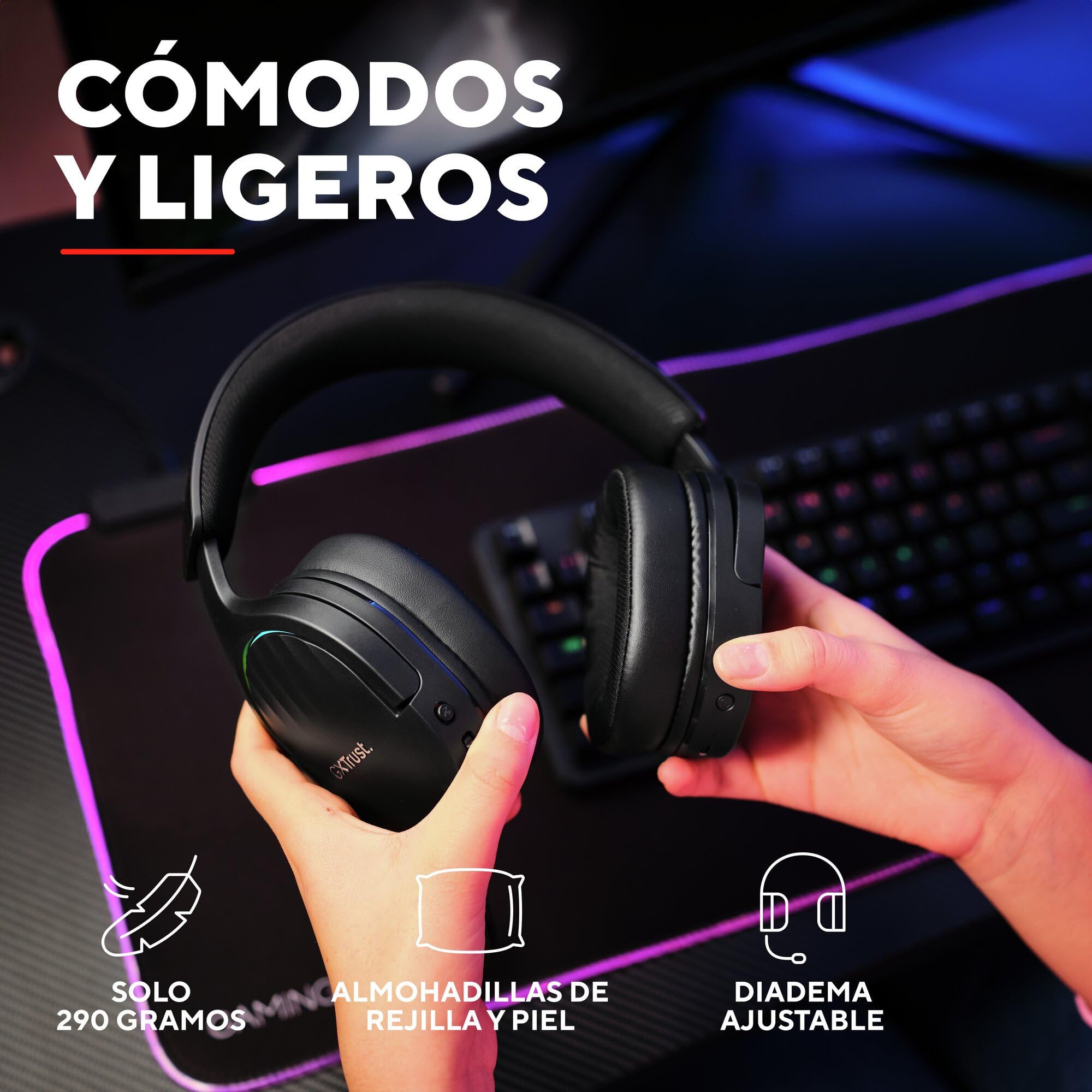 GXTrust 491 Fayzo Cascos Gaming Inalámbricos Bluetooth + 2.4 GHz, 7.1 Sonido Envolvente, Batería de 22 Horas, Auriculares Inalámbricos RGB Over-Ear PC PS5 PS4 Switch - Negro