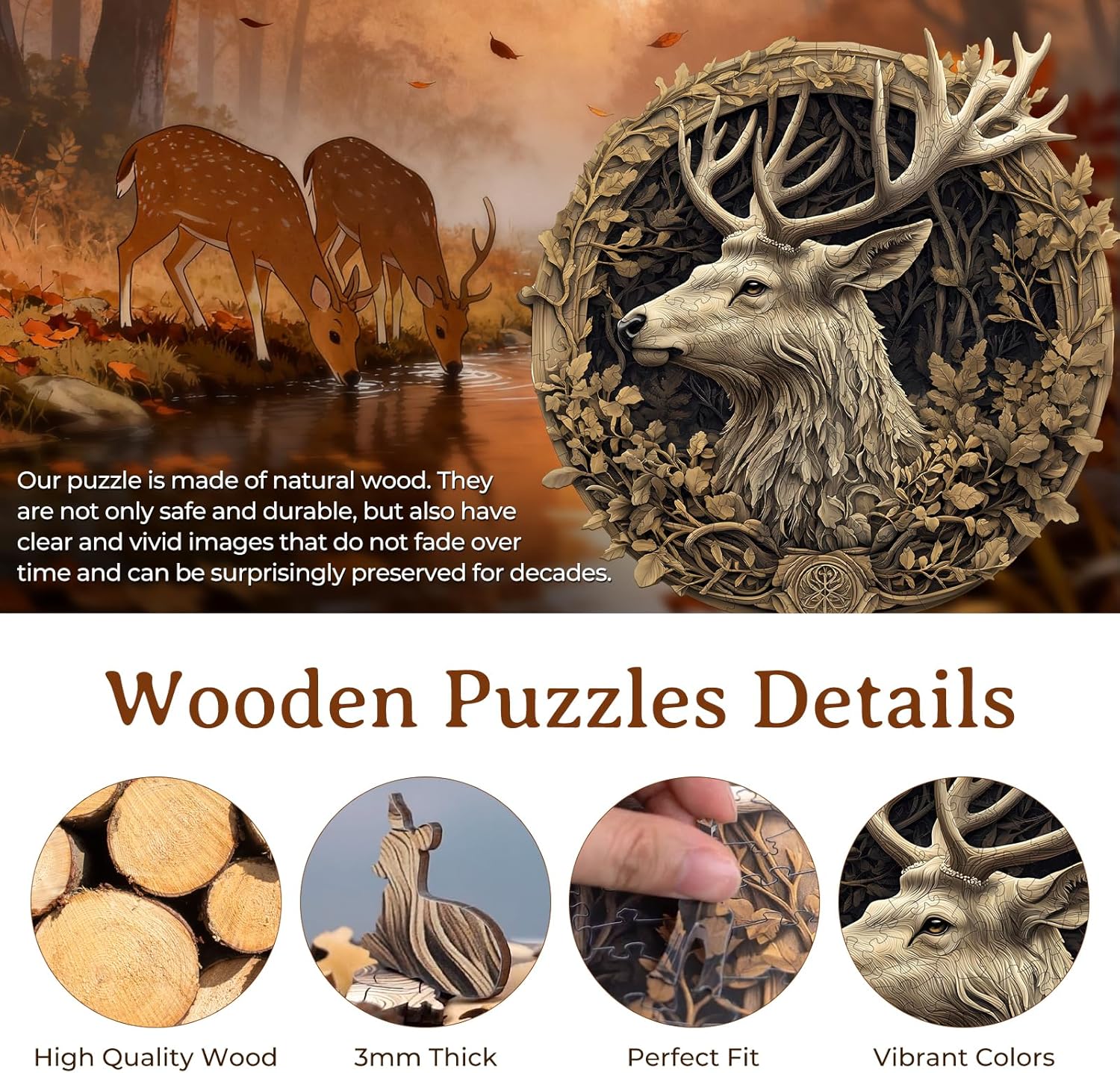 Wooden Puzzles for Adults, 3D Vision Effect Deer Wooden Jigsaw Puzzles Unique Shape Advanced Wood Puzzle Adult, Flat Puzzle Fathers Birthday Family Game (13.4 * 13.2in 295pcs)