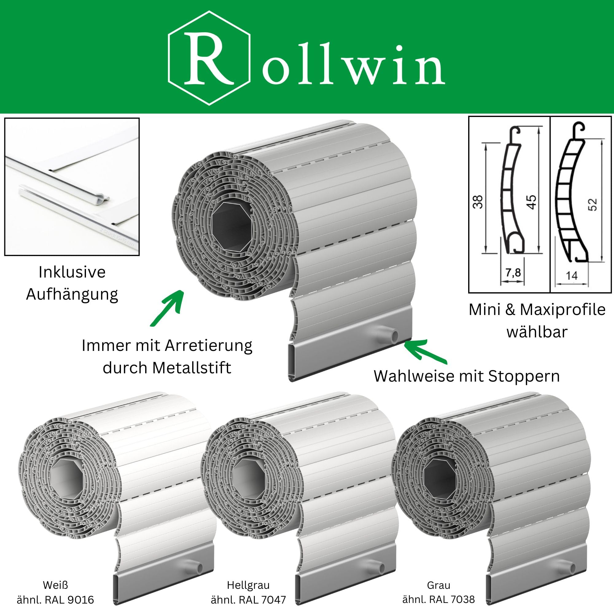 Rollladen GRAU - PVC Rolladen nach Maß - Mini & Maxi Profil Kunststoff Lamellen Hohlkammer PVC Rollo aus Deutscher Produktion SELBST KONFIGURIEREN »»