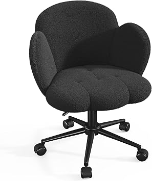 Homkdom Desk Chair with Wheels, Teddy Fleece Cute Home Office Chair with Height Adjustable & 360Swivel for Bedroom Study Dorm, Black