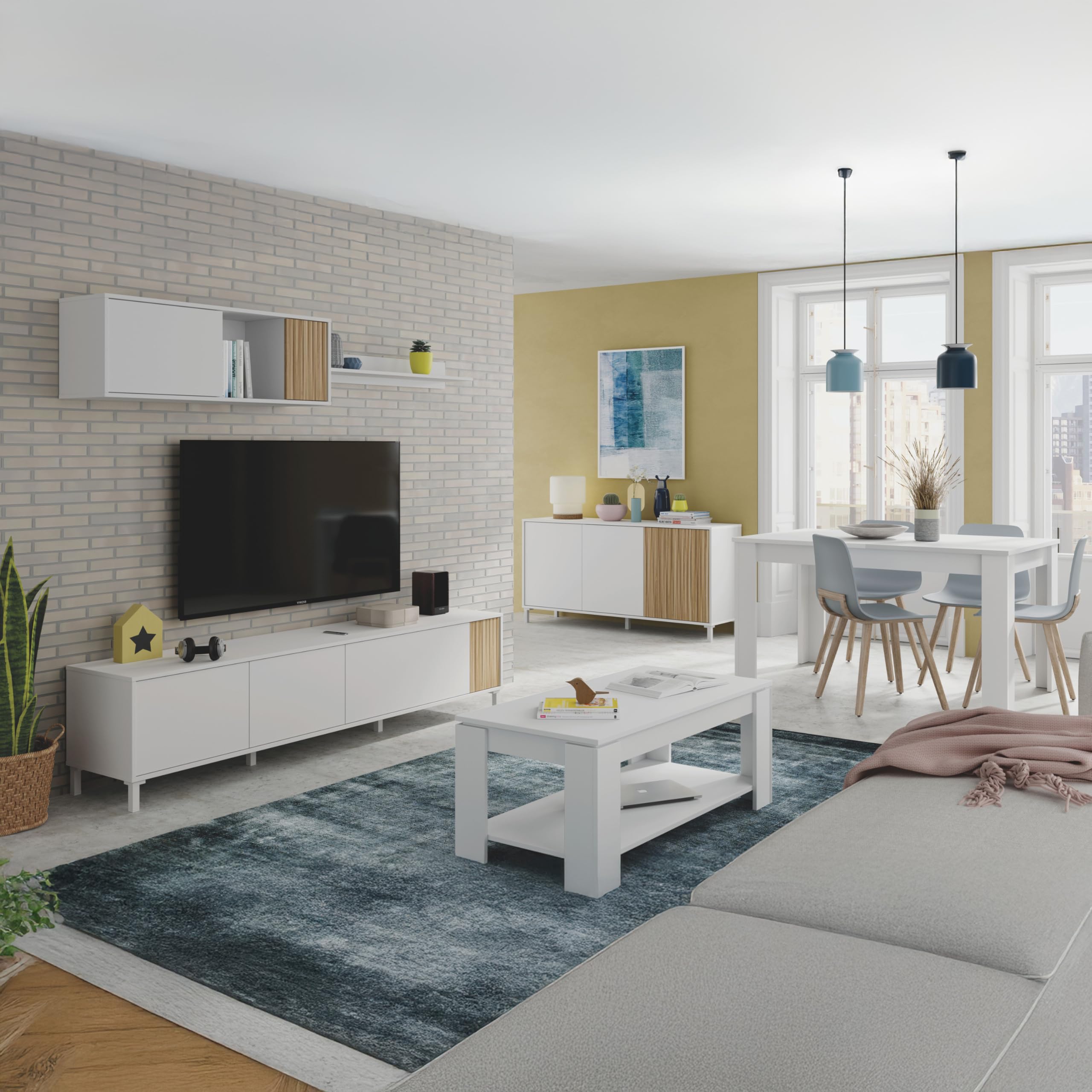 duehome | Conjunto de Salon, Mueble de TV, Modulos de Comedor, Modelo Nitza, Acabado en Blanco Artik y Natur, Medidas: 200 cm (Largo) x 40 cm (Fondo) x 47 cm (Alto)