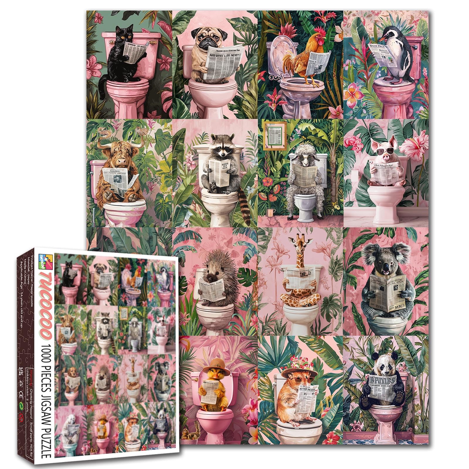 Tucocoo - Cute Animal Puzzle on Toilets for Adults 1000 Pieces - Funny Animals Reading Newspapers - Collage Artwork for Home Decor - Gift