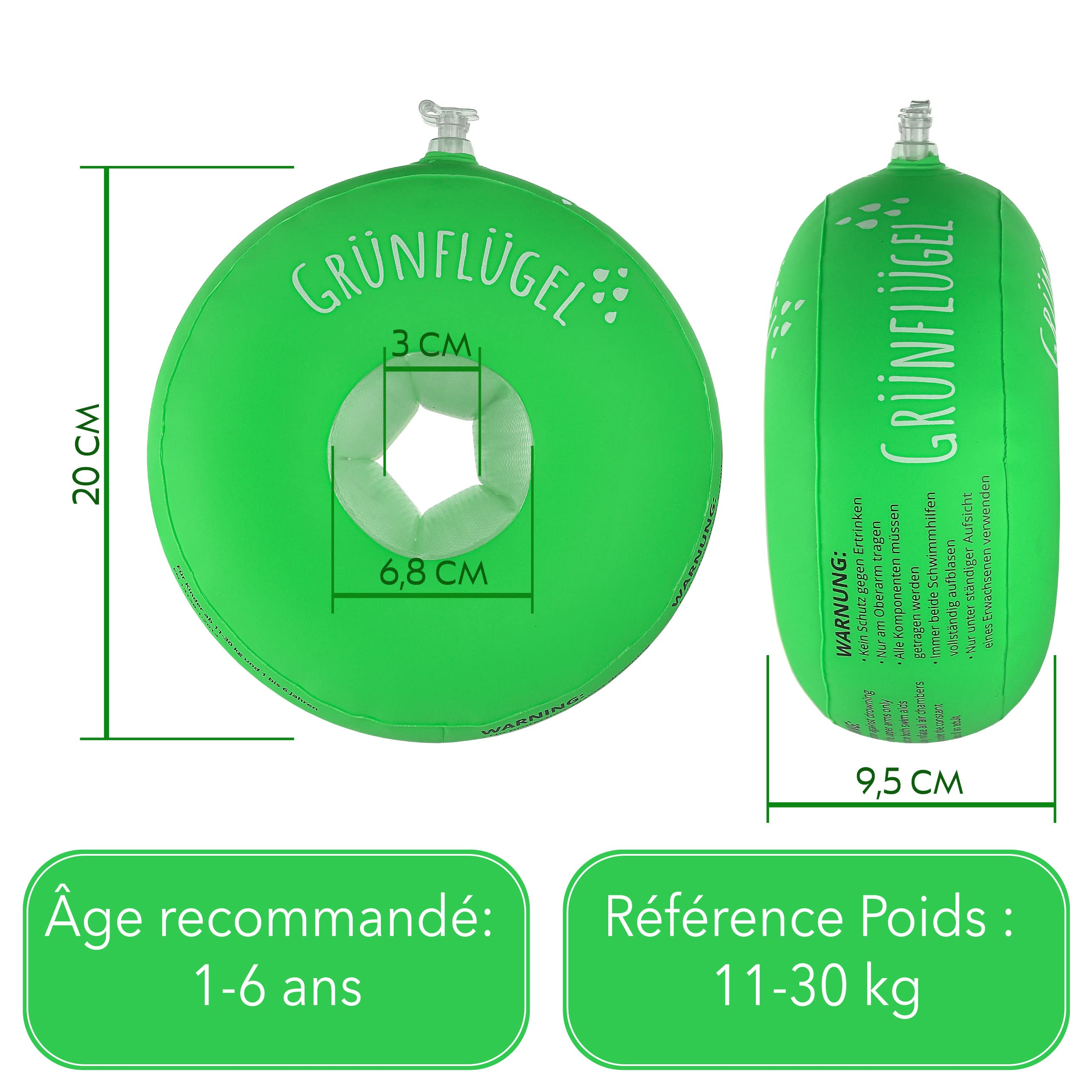 Brassards verts à partir de 1 an - Sûrs, doux pour la peau et sans plastifiants I 11 - 30 kg I Brassards ronds Swim Aide à la natation Bébé à partir de 1 an Enfants 2 ans Brassards