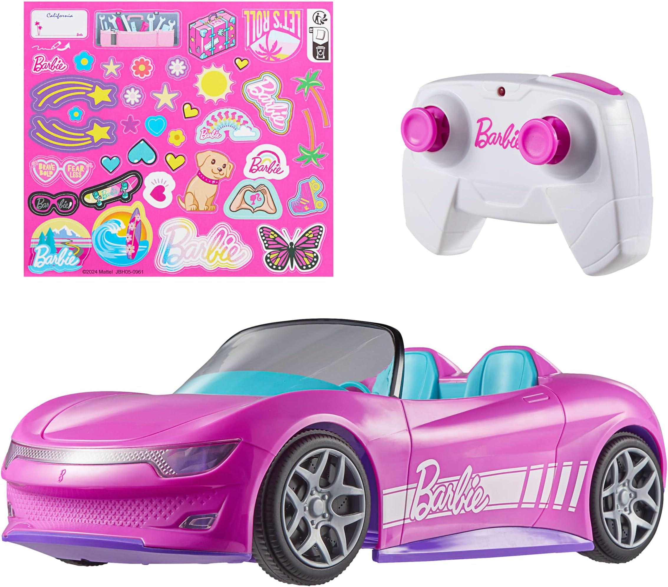 Barbie RC Toy Car, Remote-Control Pink Convertible, Can Hold 2 Barbie Fashion Dolls & Trunk Opens for Storage, Sticker Sheet for Customizing, JBH05