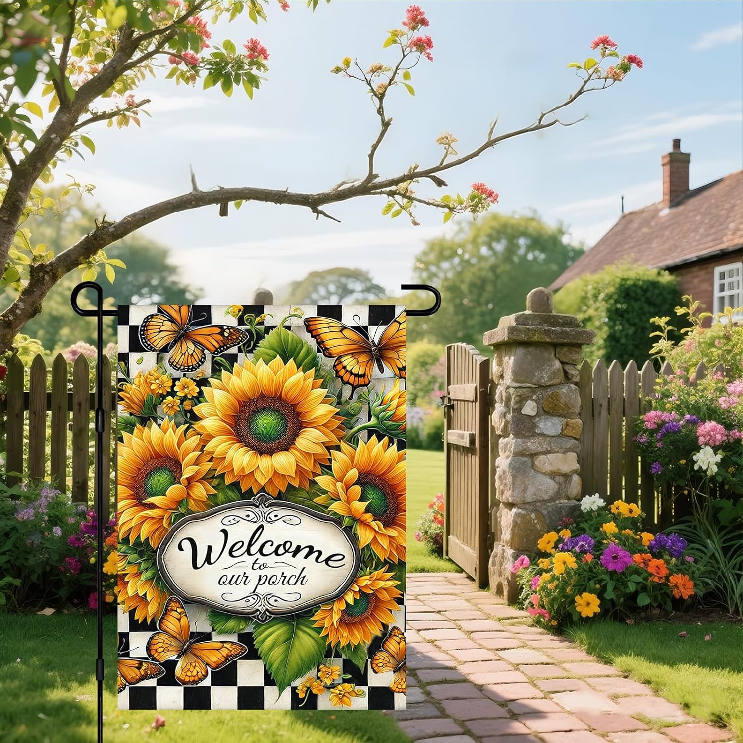 IVN Welcome Sunflower Garden Flag 12x18 Inch Double Sided Butterfly Floral Check Outdoor Yard Flag for Home Front Door Lawn Porch Summer Decor - Image 2