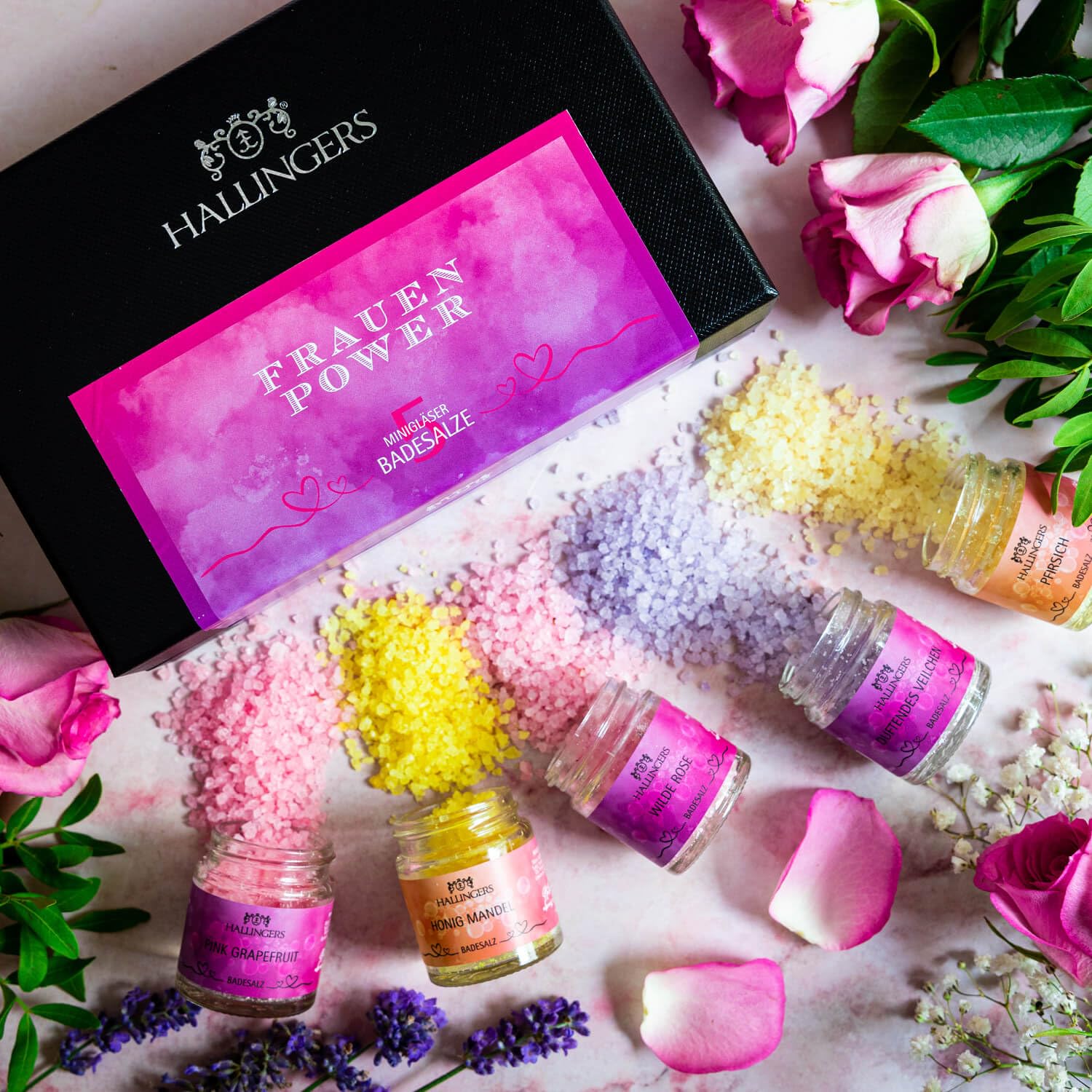 Hallingers Genuss Manufaktur Badesalze Geschenk-Set - 5x Badezusatz mit Totes Meer Badesalz edle Geschenkbox, Badekristalle Fußbad & Spa "Frauen-Power", Geschenkidee für Frauen Freundin