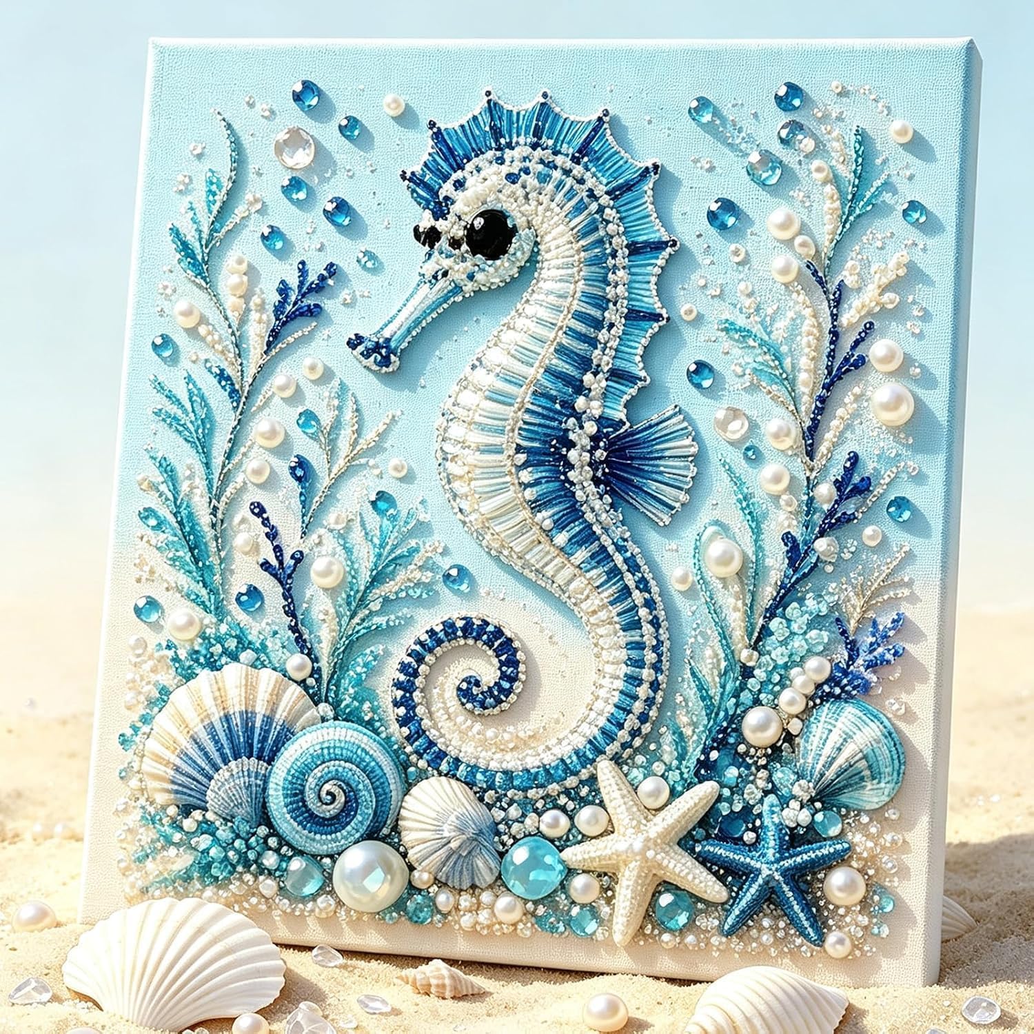 Ocean Theme Pearl Art DIY Kit, Octopus DIY Pearl Painting Kit, Ocean 3D Diamond Art for Adults & Beginners, Sparkling Coastal Wall Decor,Beginner DIY Gift (Seahorse)