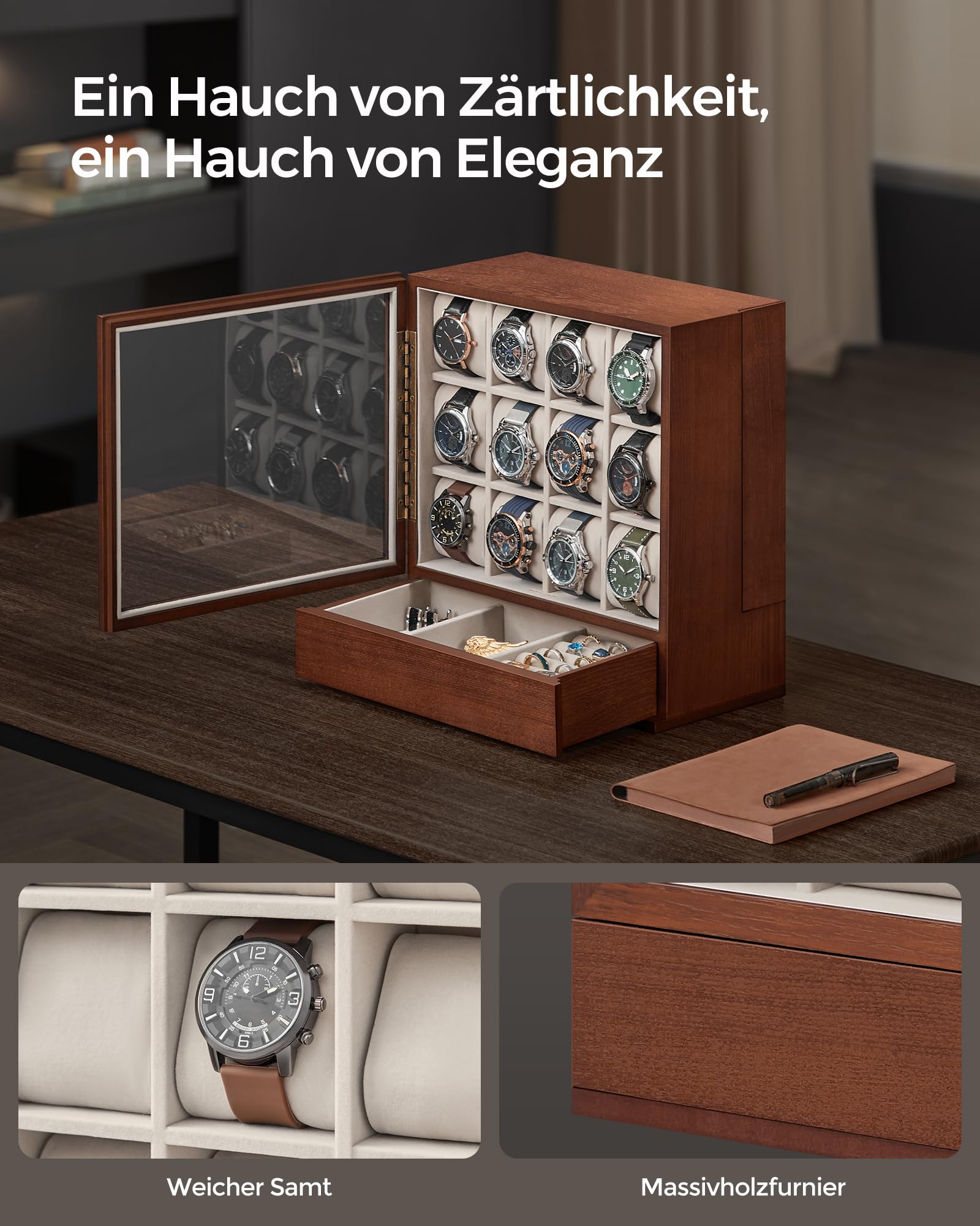 SONGMICS Uhrenbox 12 Fächer, mit Fenster, Massivholzfurnier | Uhrenkasten, Samtfutter, vertikale Aufbewahrung, platzsparend, Geschenkidee, kaffeebraun, ANICIA Kollektion JOW014K01