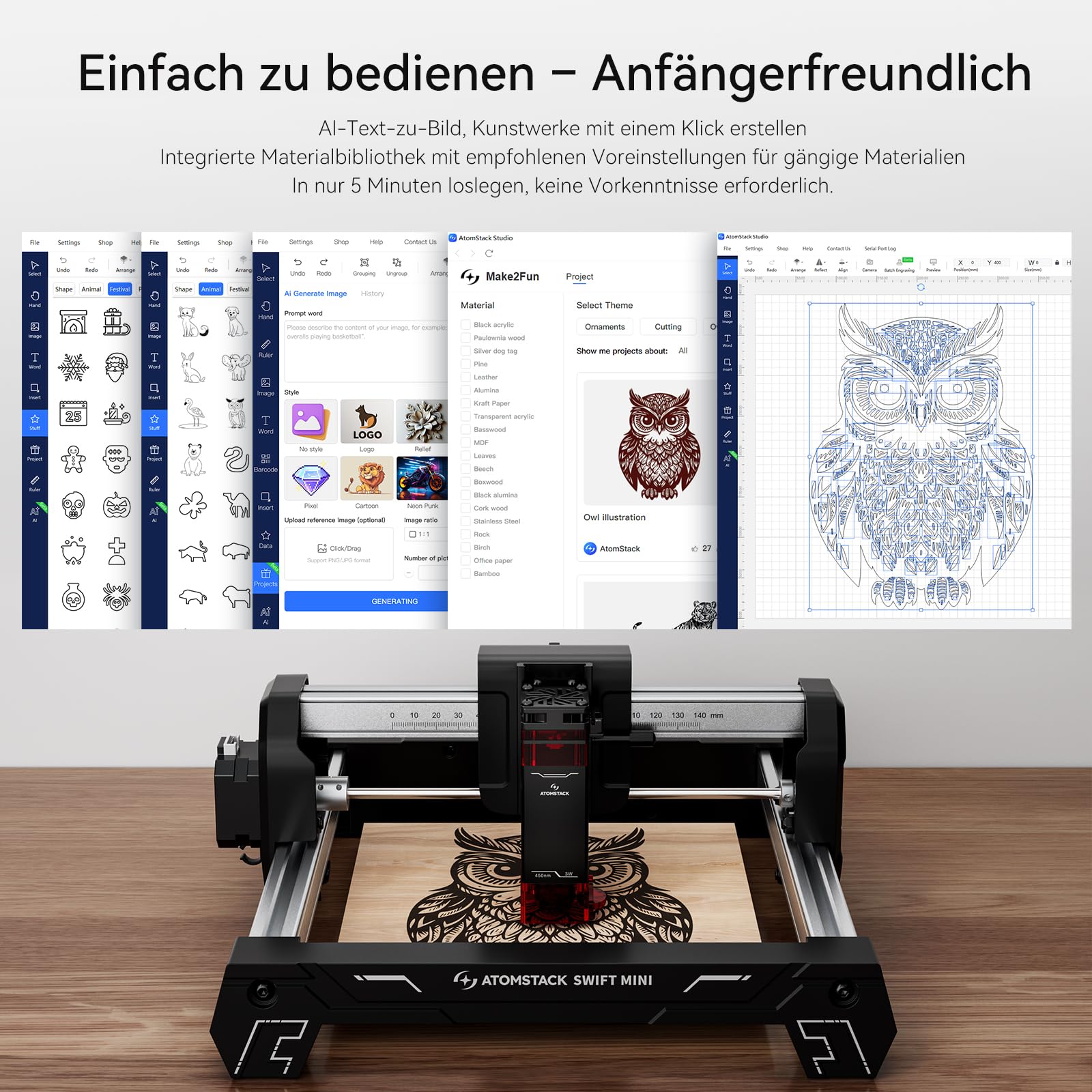 ATOMSTACK Swift Mini 3W Graviermaschine, 100% Vormontiertes Einsteigergerät, 135 × 145 mm Arbeitsbereich, WLAN/Hotspot/USB, Lasergravierer Für Holz, Leder, DIY-Geschenke,Artesanía 3000 mW