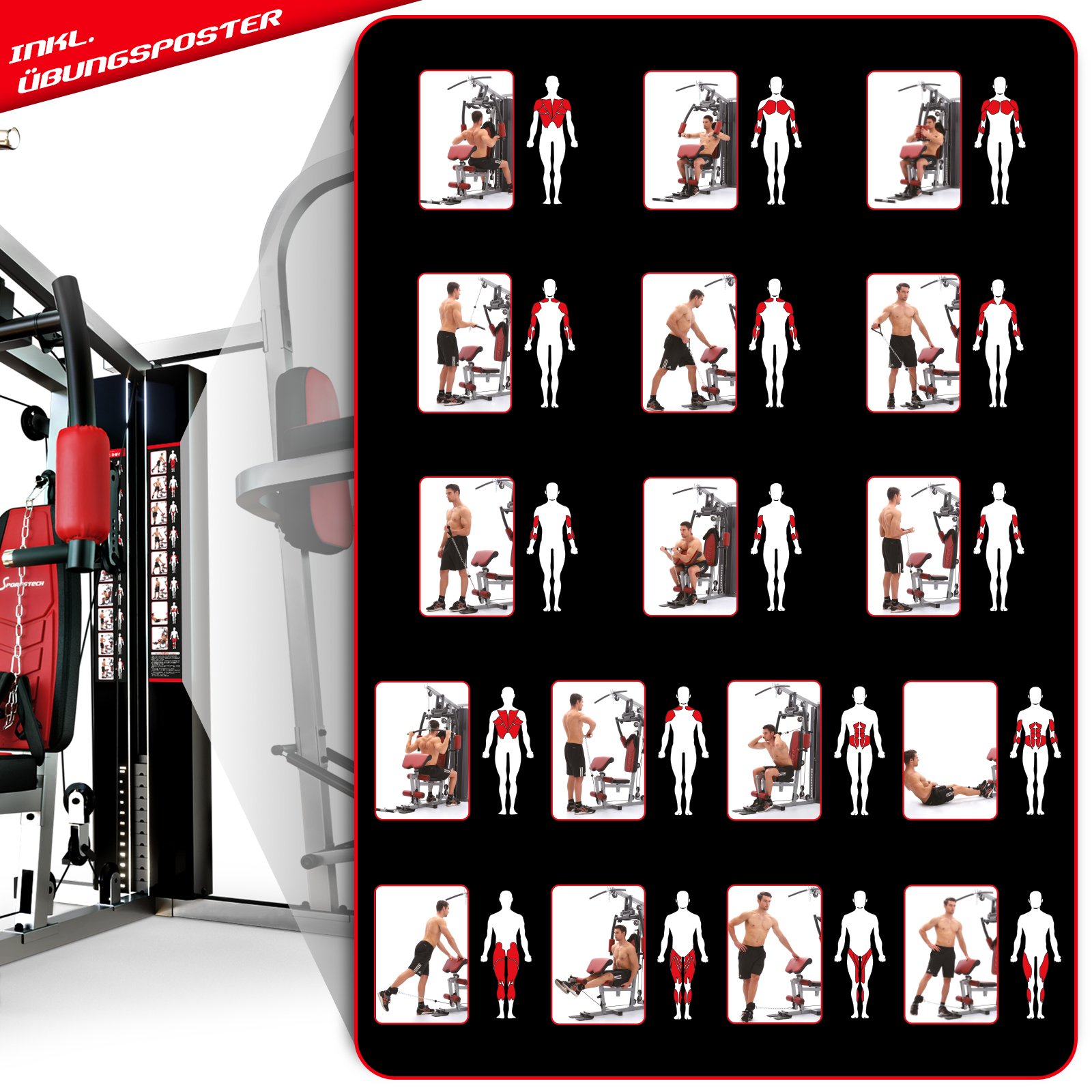 Sportstech Kraftstation für Zuhause HGX150/HGX200, Multifunktions-Homegym mit Latzug, Butterfly, Stepper & Powertower, Fitnessstation, 70kg Trainingsgewicht für Ganzkörpertraining & Muskelaufbau