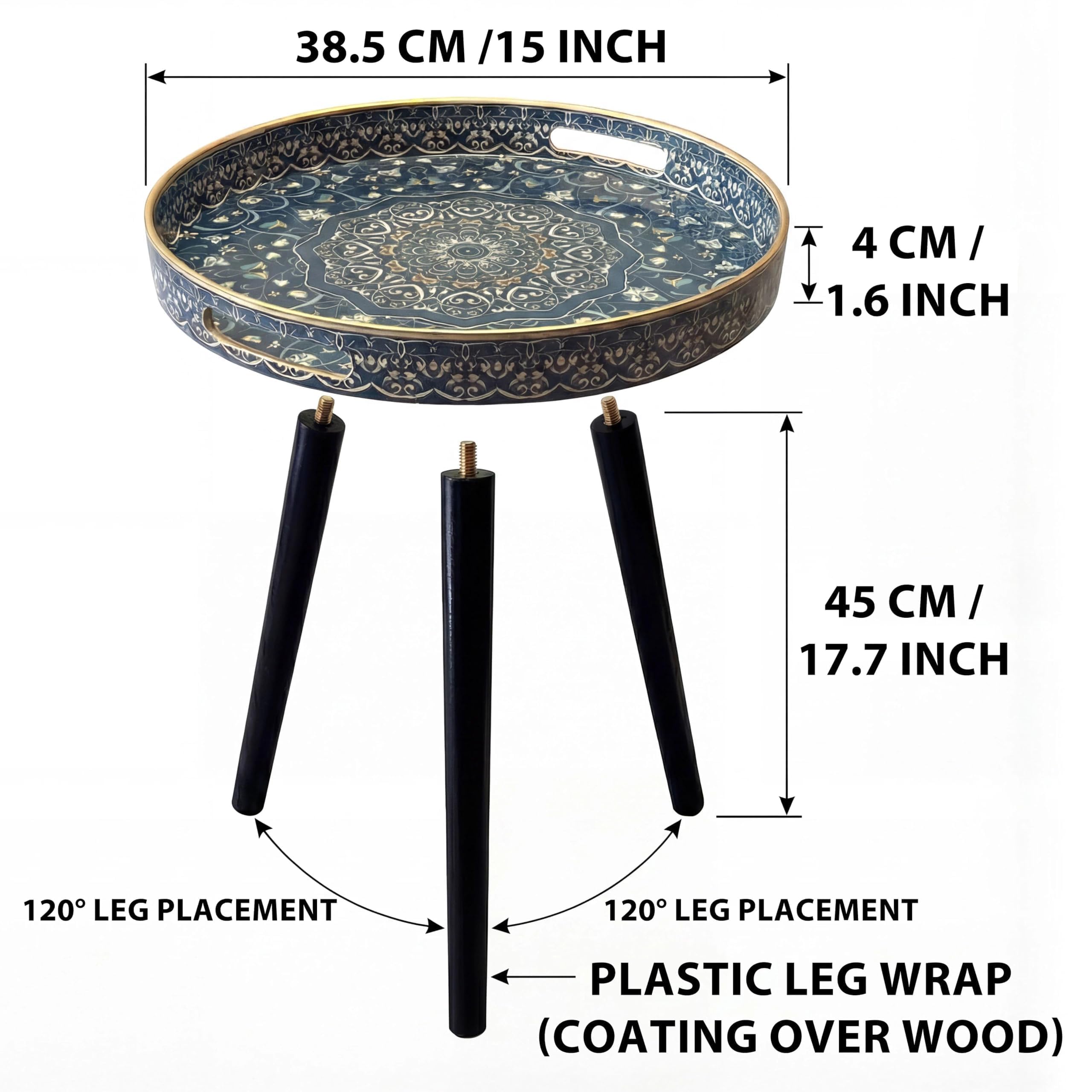 Runder Beistelltisch für den Außenbereich mit abnehmbaren 3 Beinen aus Holz, vielseitiger Tabletttisch, perfekt für runden Couchtisch, Tee und Entspannungszeit, 45 cm (blaues Labyrinth)