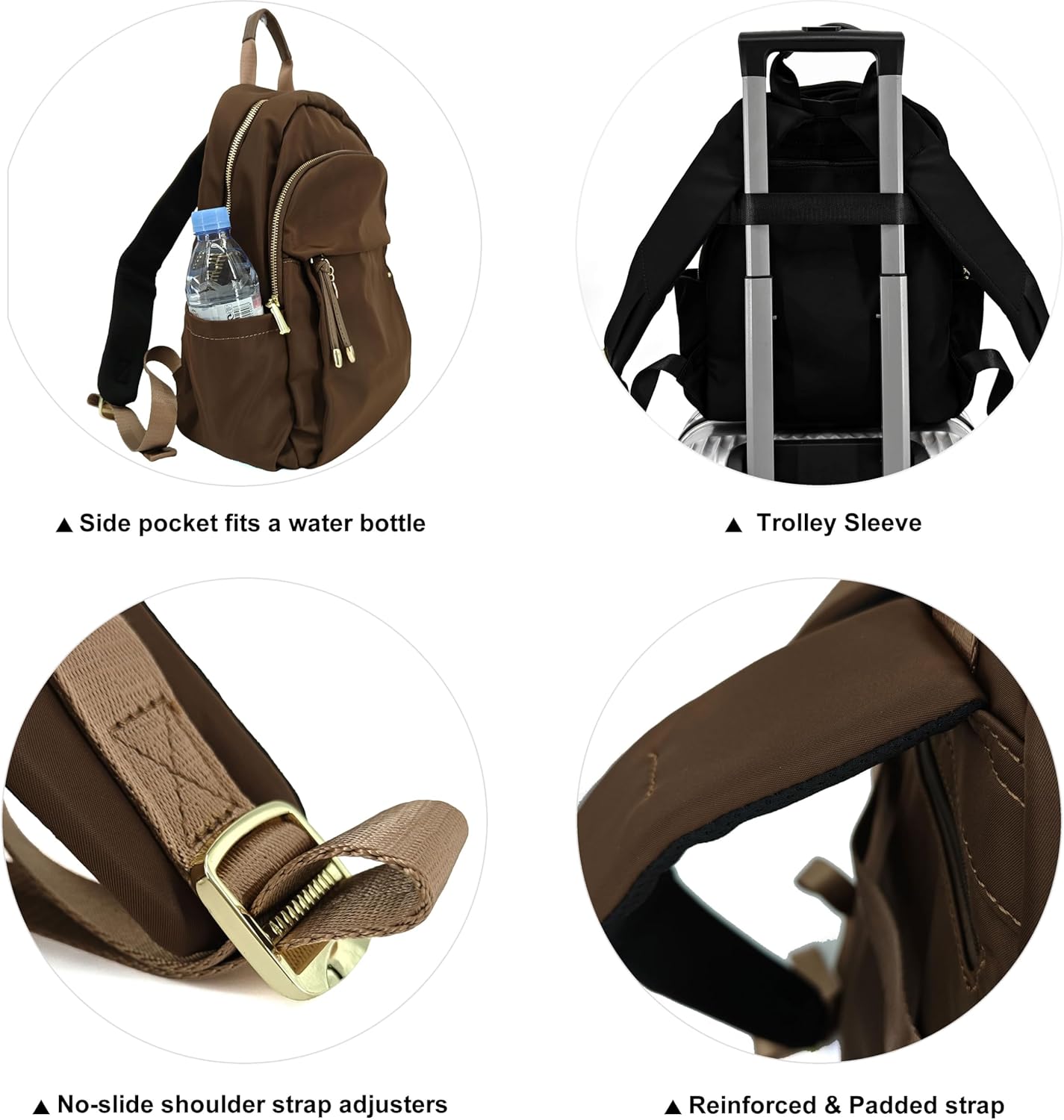 M-ioi-M Medium Backpack Purse for Women, Fashion Nylon Daypack with Gold Hardware, Lightweight Water-Resistant Rucksack for College, Work, Travel, Everyday Use, Fits 13–14" Laptop(Walnut Brown,Medium)