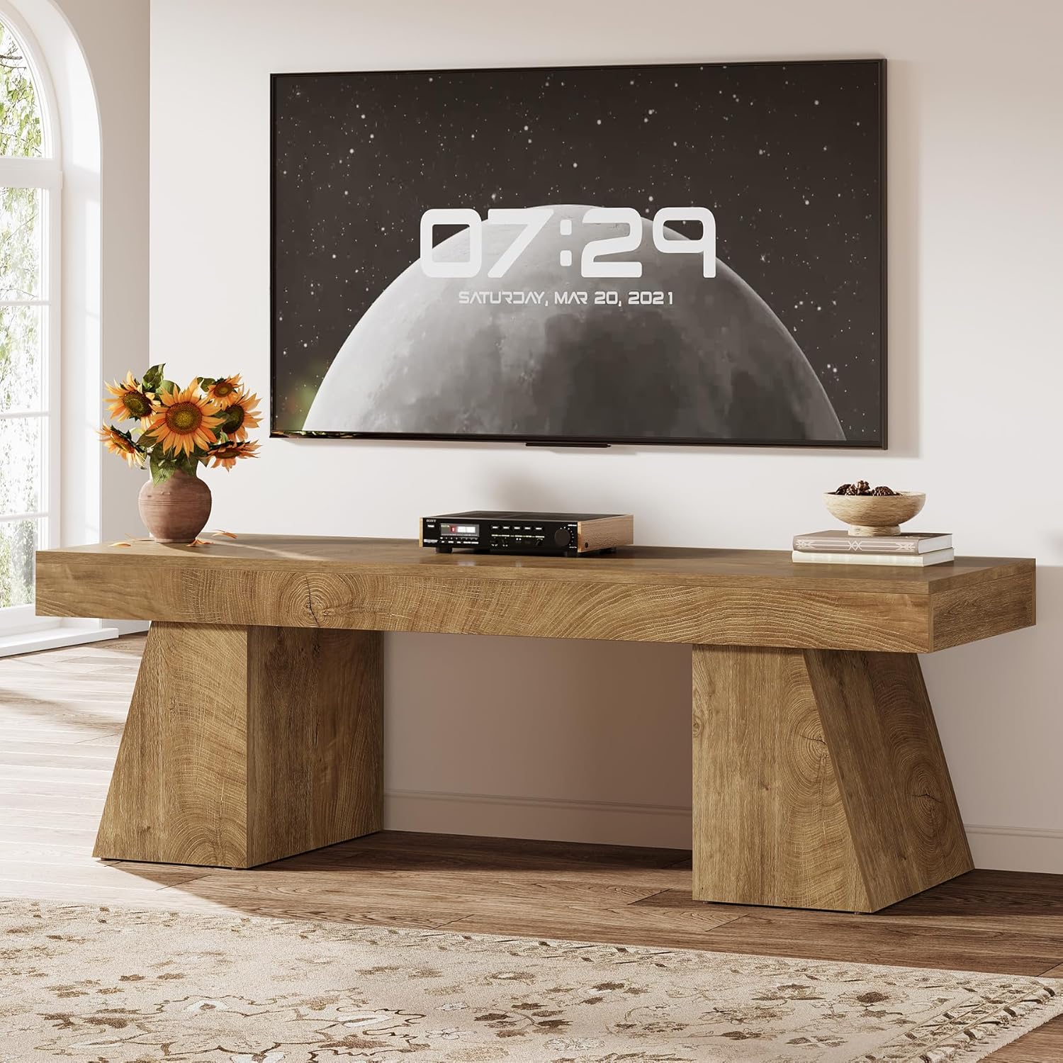 Tribesigns 63" TV Stand for 55/60/65/75-Inch TVs, Farmhouse Entertainment Center with Double Geometric Pedestal, Media Console Television Stands for Living Room, Bedroom, Natural